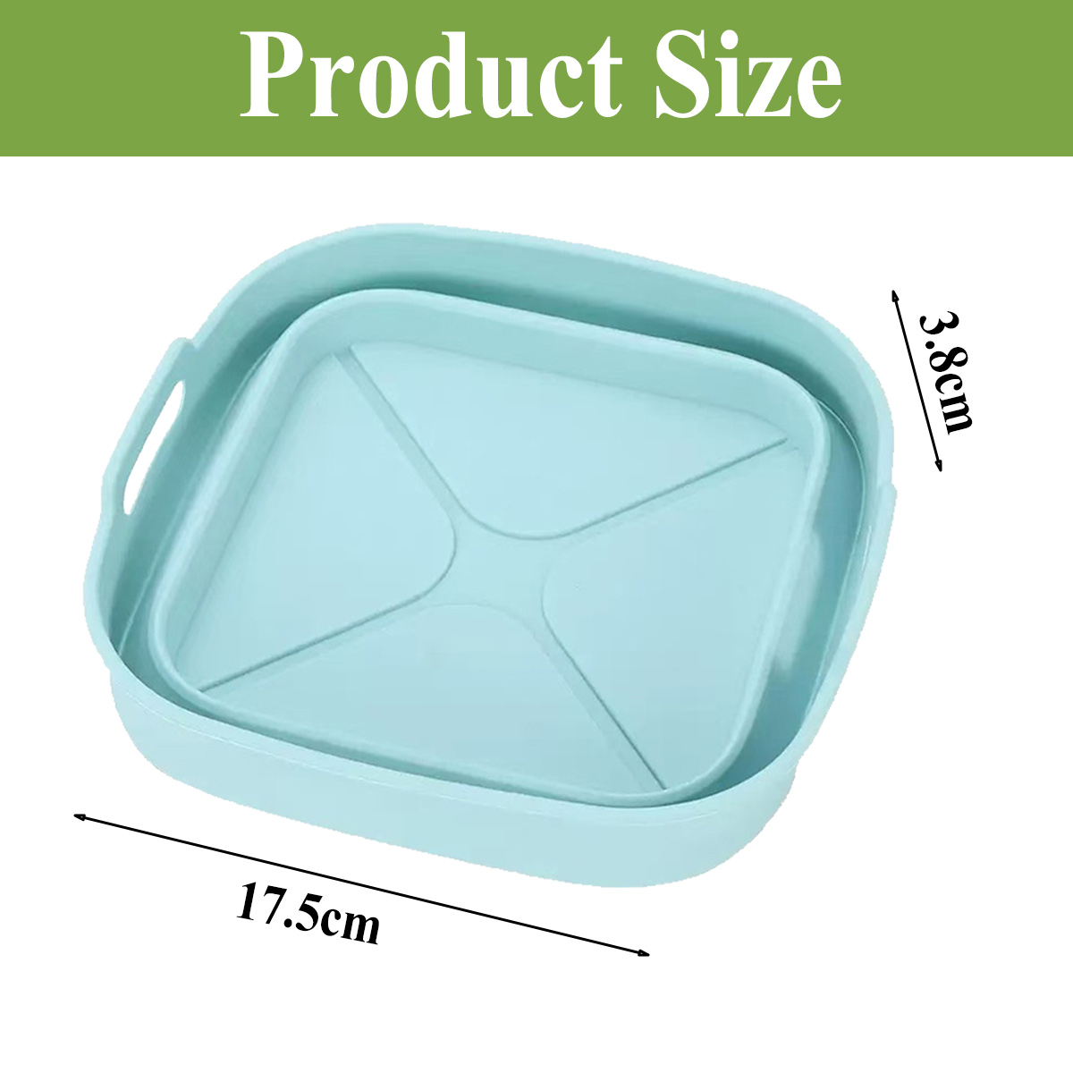 Ein hellblauer quadratischer Behälter mit einem anderen darin. Abmessungen sind 17,5 cm breit und 3,8 cm hoch. Text Produktgröße oben.