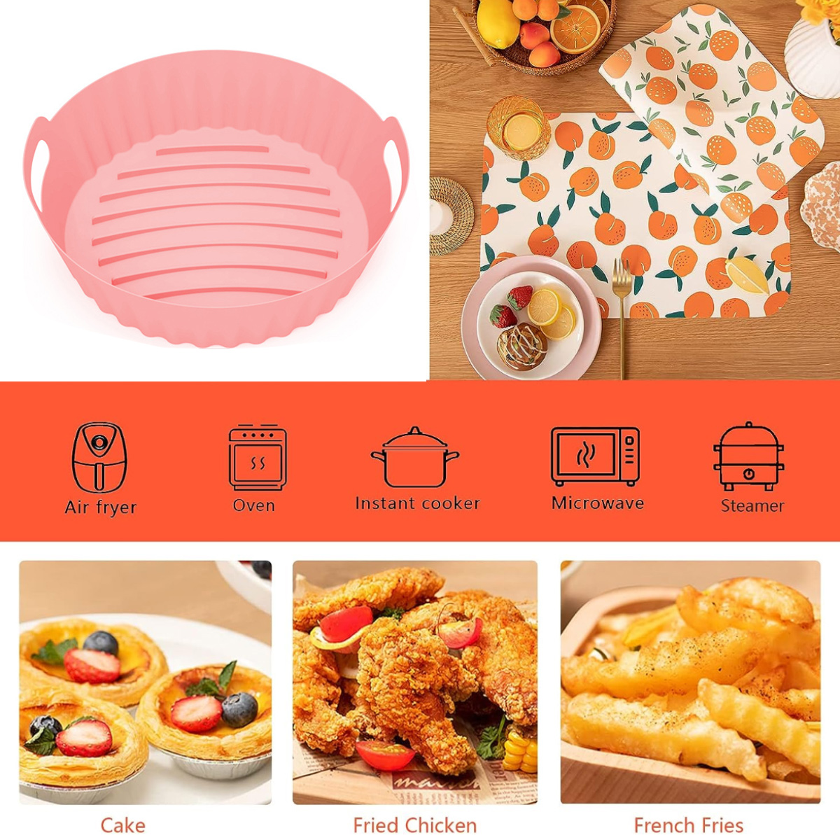 Rosa Airfryer-Korb, Kochutensilien, Essensbilder: Kuchen, Brathähnchen, Pommes und Illustrationen von Küchengeräten.
