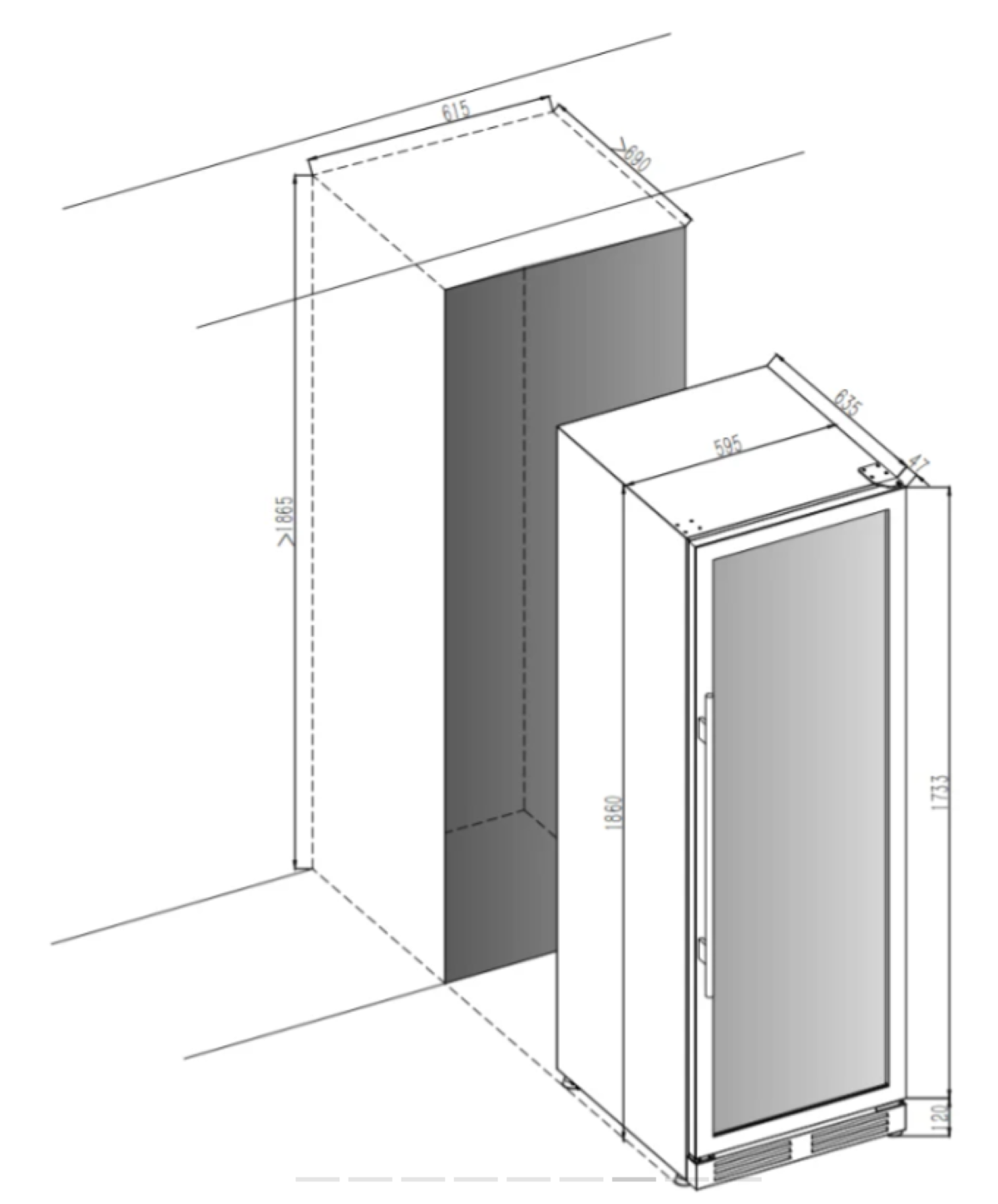 Isometrische Ansicht eines Kühlschranks mit Maßen und einem Einbauschrank. Der Kühlschrank hat eine Glastür.