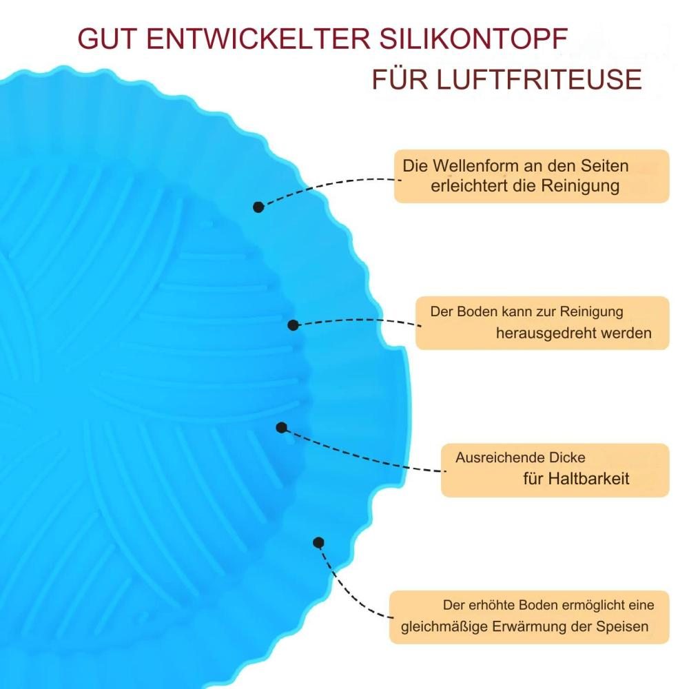 Ein blauer Silikontopf mit Text auf Deutsch, der seine Eigenschaften erklärt. Er hat ein wellenförmiges Design, einen abnehmbaren Boden und ist langlebig.