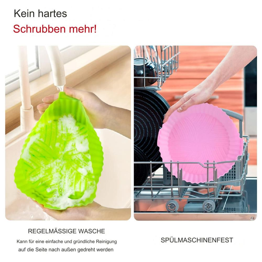 Das Bild zeigt einen grünen Schwamm beim Waschen und eine rosa Backform, die in eine Spülmaschine gelegt wird. Text: Kein hartes Schrubben.