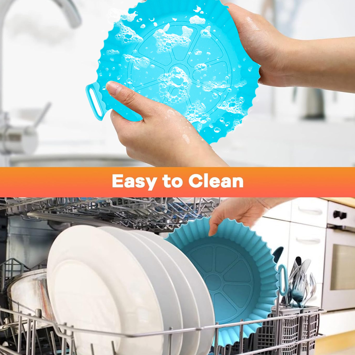 Hände waschen blaues Silikon-Airfryer-Tablett. Geschirr unten in der Spülmaschine. Text „Easy to Clean“ ist über dem Bild eingeblendet.