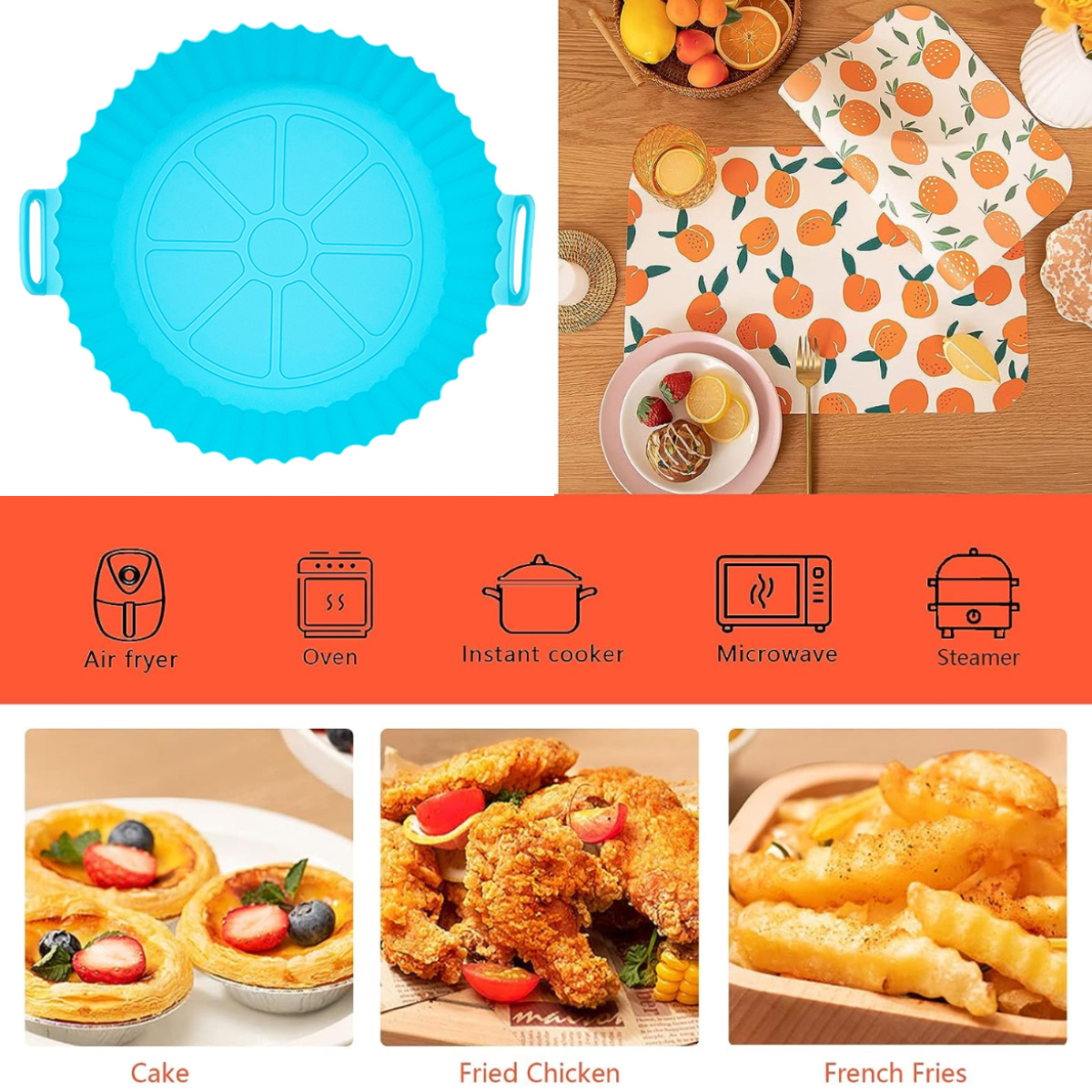 Ein blauer Silikon-Backblech, orangefarbene Tischsets und verschiedene Lebensmittel wie Kuchen, Brathähnchen und Pommes Frites.