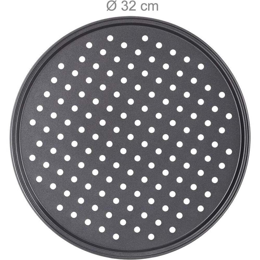 Eine dunkelgraue, runde Pizzaform mit mehreren kleinen Löchern wird angezeigt. Der Durchmesser beträgt 32 cm. Die Form befindet sich auf weißem Hintergrund.