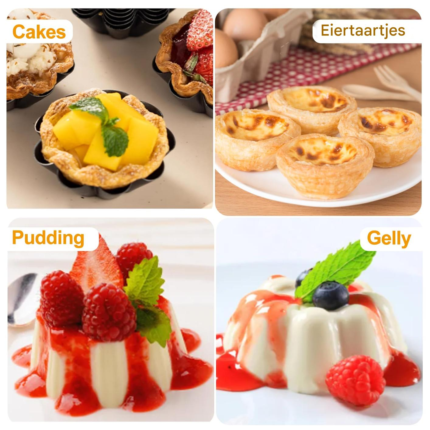 Vier Dessertbilder: Mangotarte, Eiertarte, Pudding mit Himbeeren und Gelee mit Beeren.
