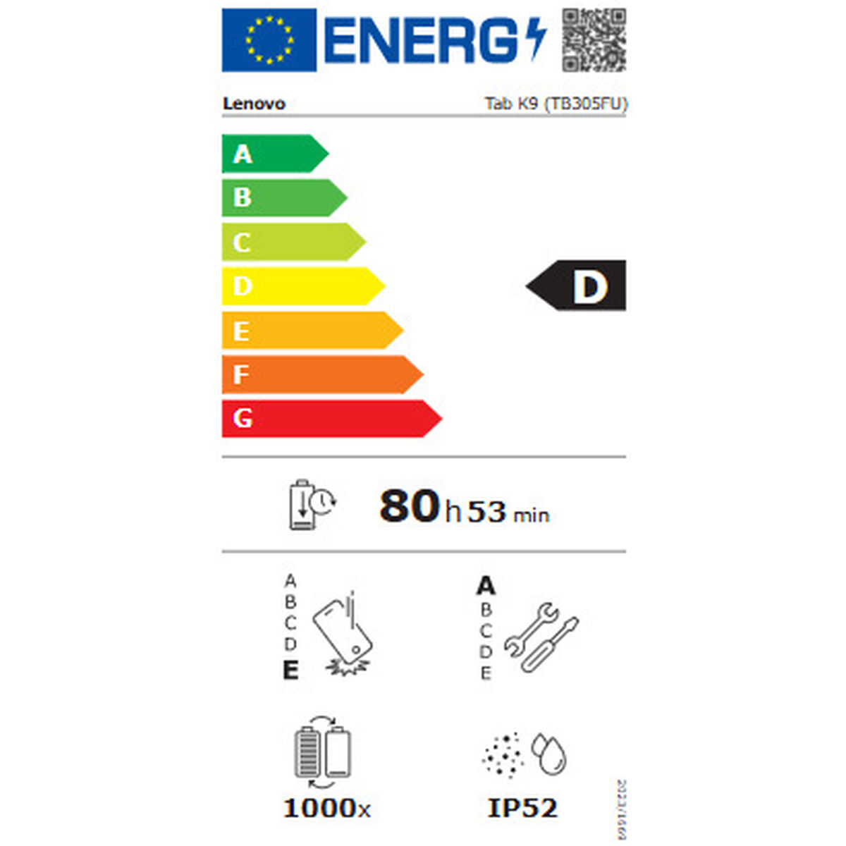 Etiqueta energética para Lenovo Tab K9. Muestra las clases de eficiencia energética de la A a la G, con la D resaltada. Incluye duración de batería y símbolos de durabilidad.
