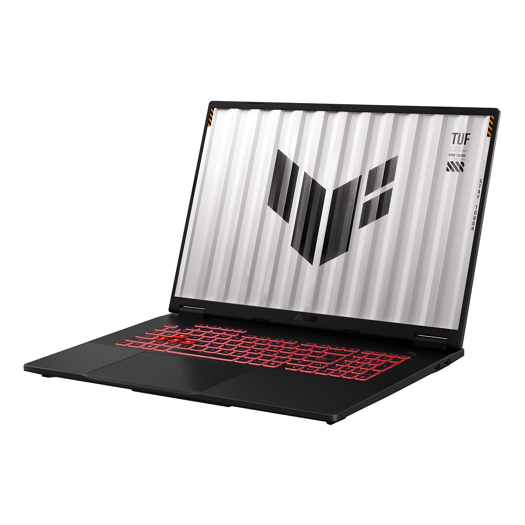 Schwarzer Laptop mit rot beleuchteter Tastatur, weißer Bildschirm mit schwarzem Logo. Markenname TUF sichtbar.