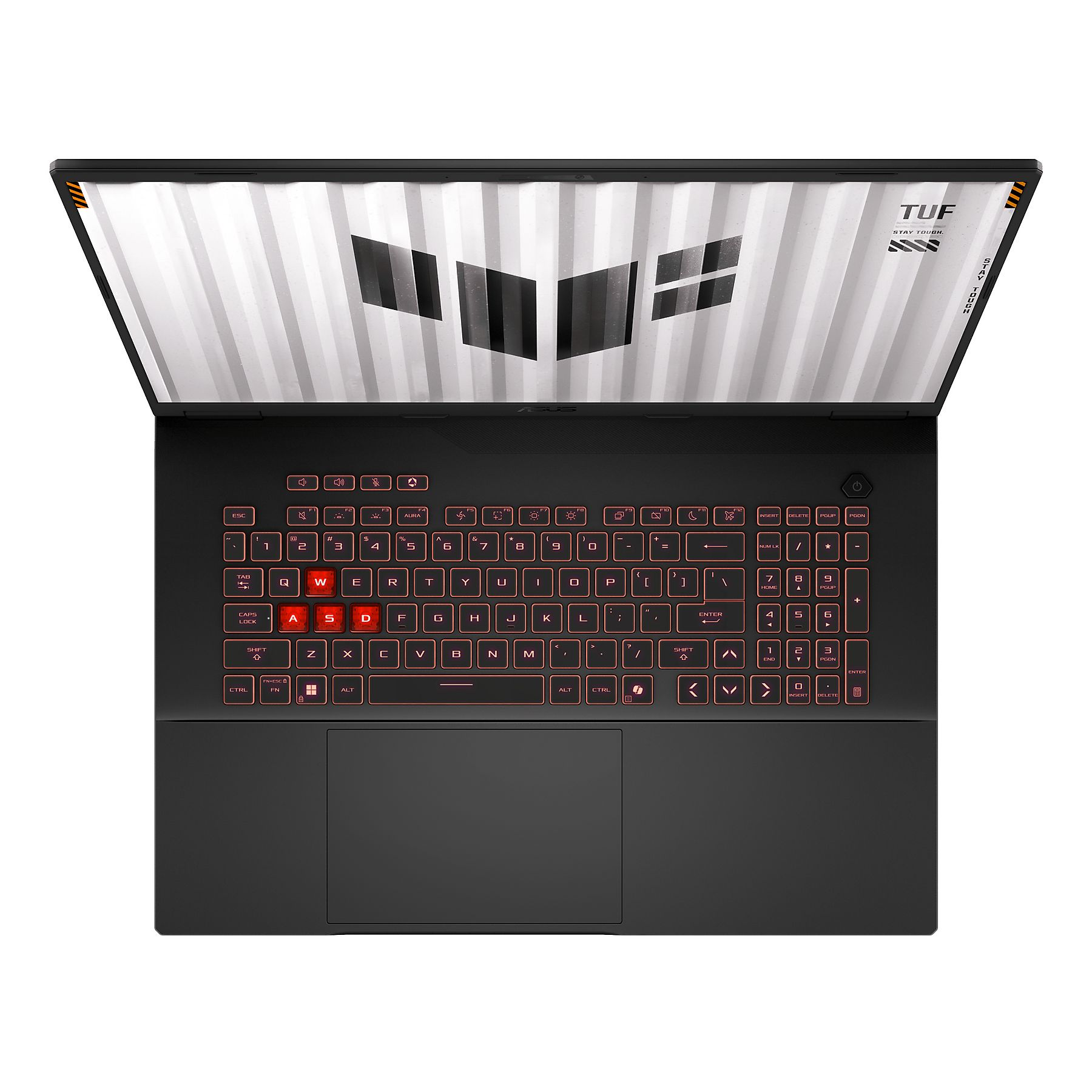 Schwarzer Laptop, geöffnet. Tastatur rot beleuchtet. Bildschirm zeigt ein weißes und graues geometrisches Design. 'TUF'-Logo sichtbar.