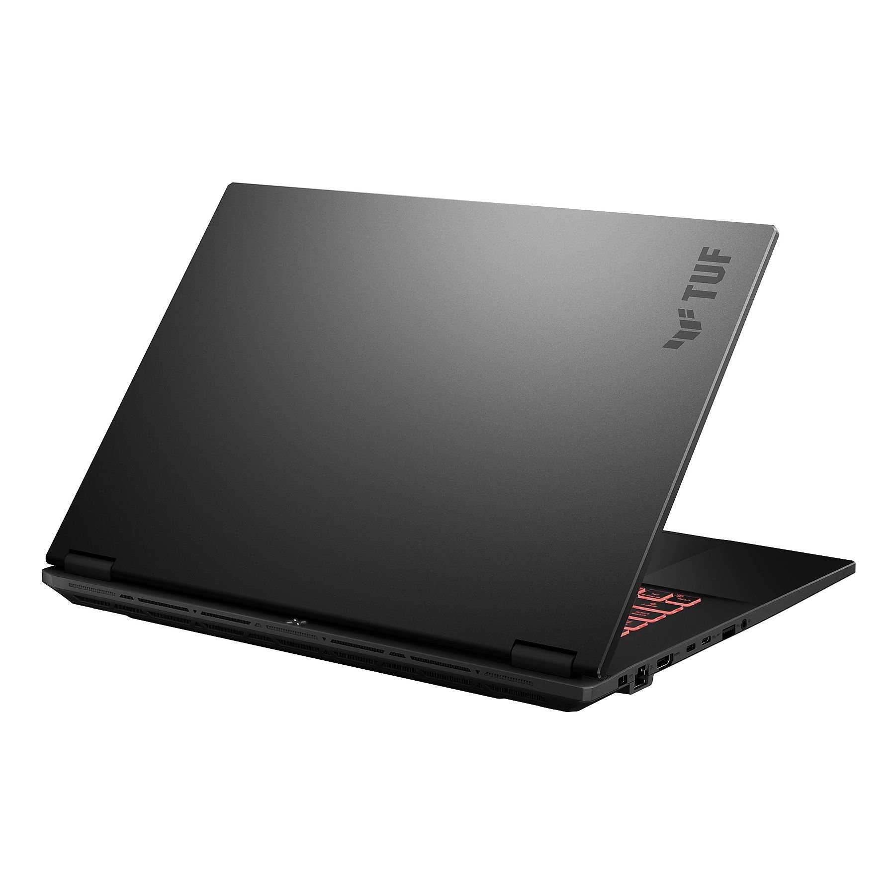 Schwarzer Laptop, teilweise geöffnet, schräge Ansicht. Der Deckel hat ein TUF-Logo. Rote beleuchtete Tastatur sichtbar.