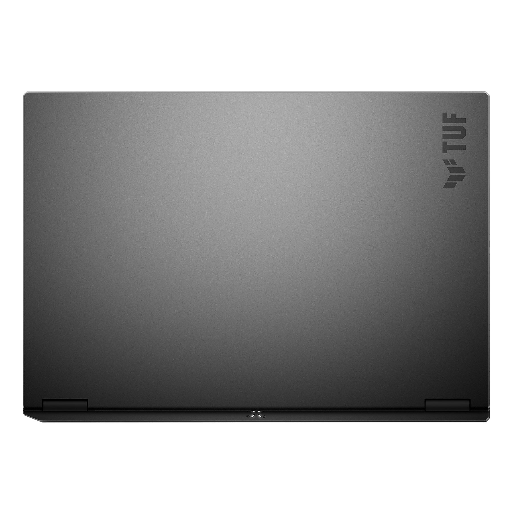 Ein grauer Laptopdeckel mit dem TUF-Logo in der oberen rechten Ecke ist zentriert im Rahmen.