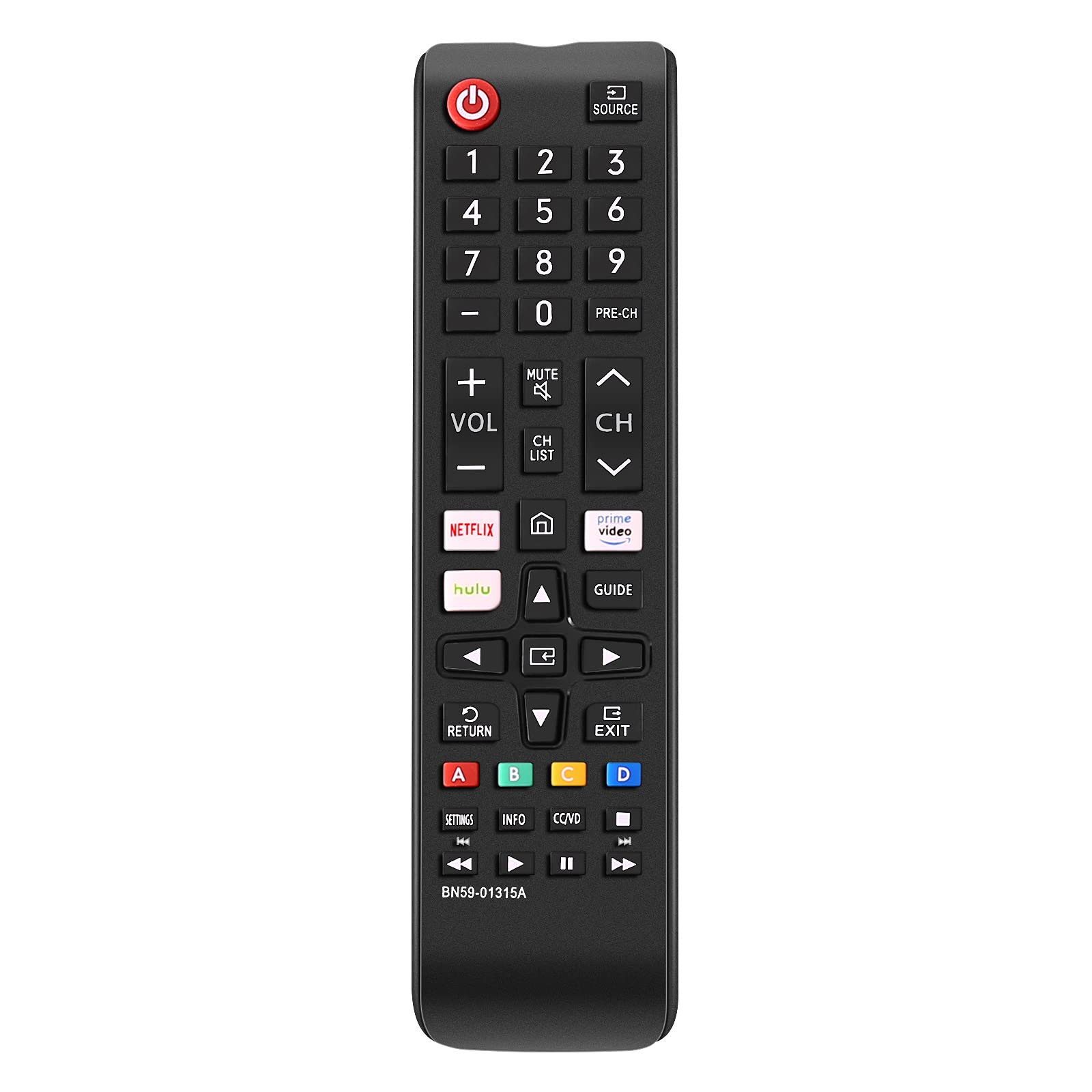 Schwarze Samsung TV-Fernbedienung. Hat Tasten für Zahlen, Lautstärke, Kanäle, Netflix und Streaming-Dienste.