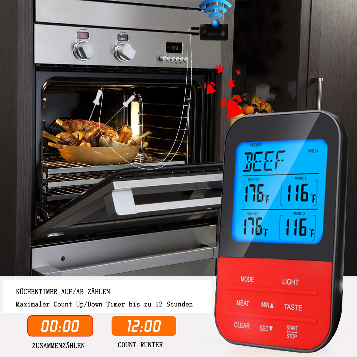 Ofen mit Essen, digitales Thermometer mit Rindfleischtemperatur, Timer und WLAN-Symbol.