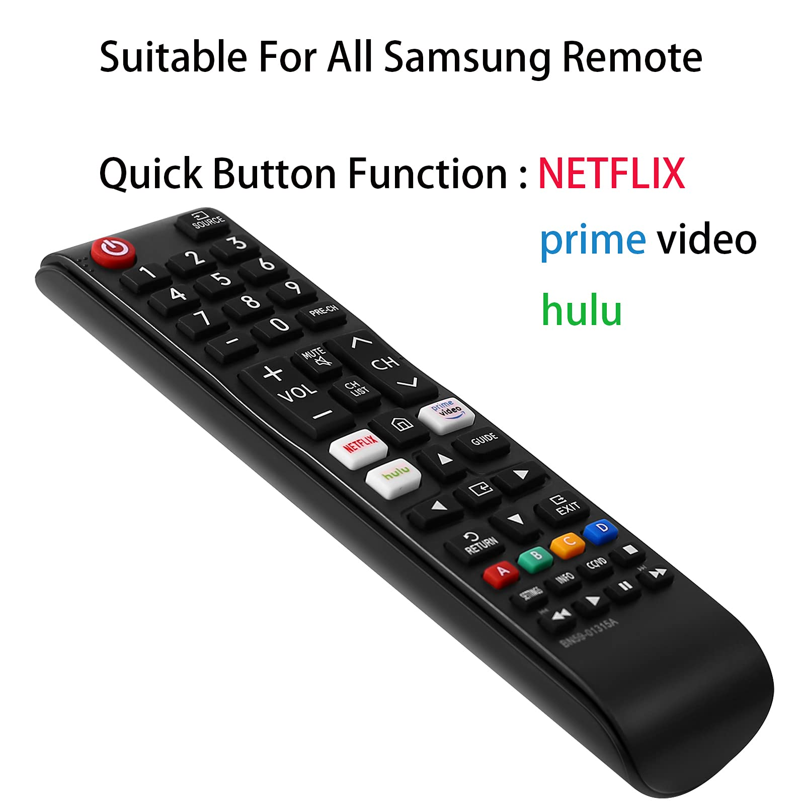 Schwarze Samsung TV-Fernbedienung mit vielen Tasten, darunter Netflix, Prime Video und Hulu. Text oben: 'Geeignet für alle'.