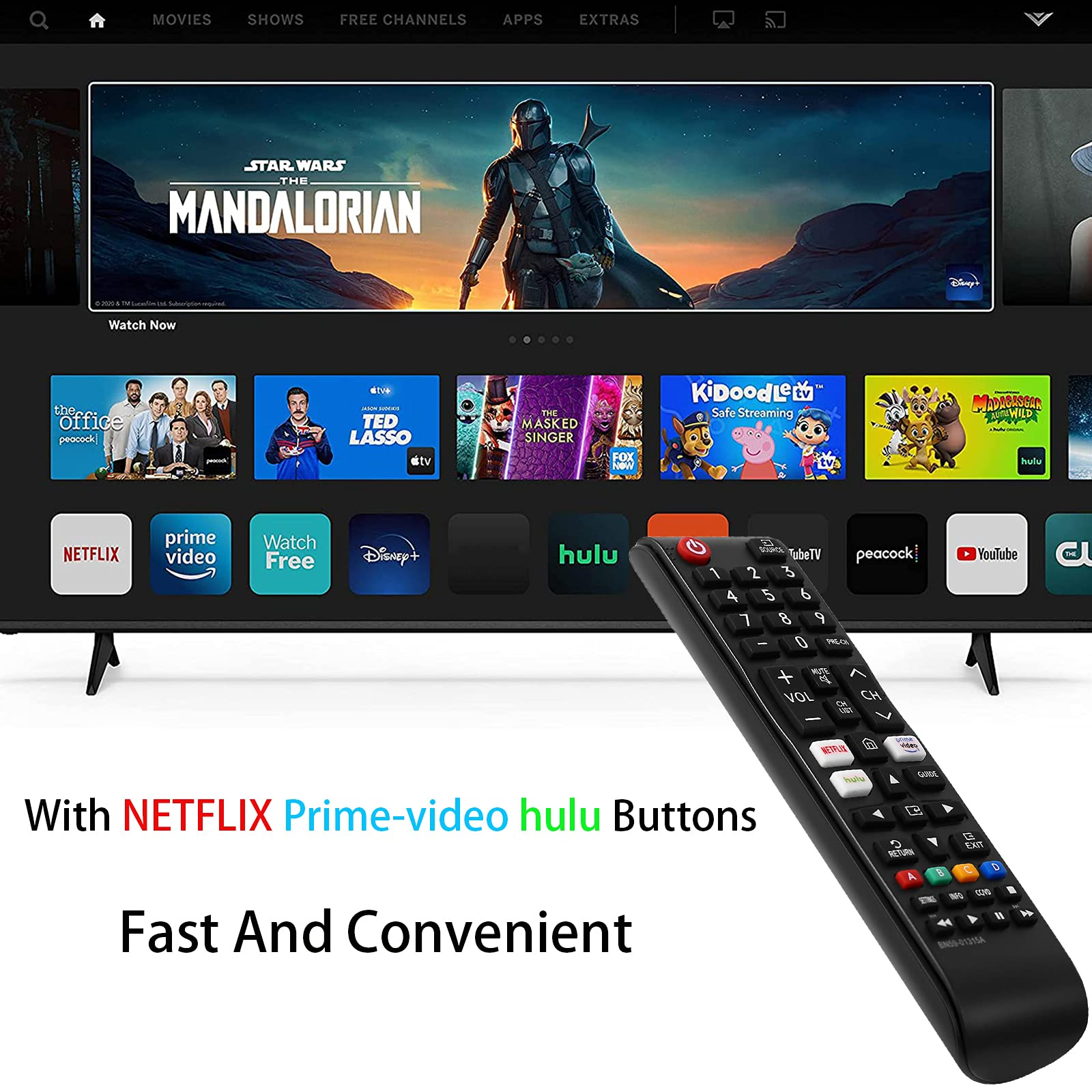Fernsehbildschirm mit 'The Mandalorian', Streaming-App-Symbolen, Fernbedienung und Text.