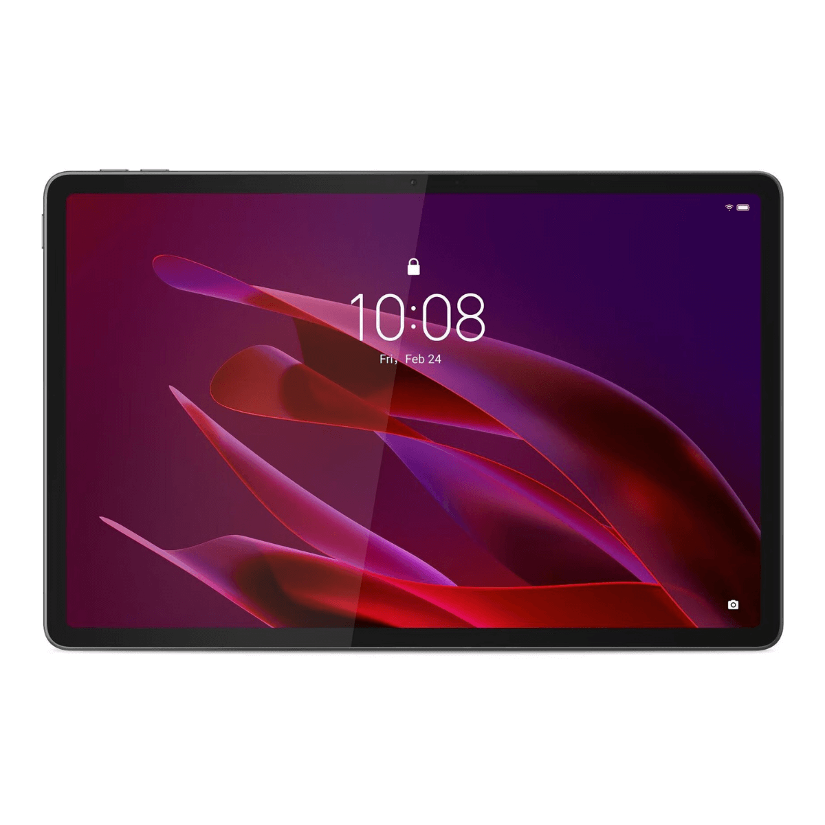 Una tableta muestra las 10:08 en un fondo abstracto púrpura y rojo. La tableta es negra, con cámara frontal y botón de encendido.