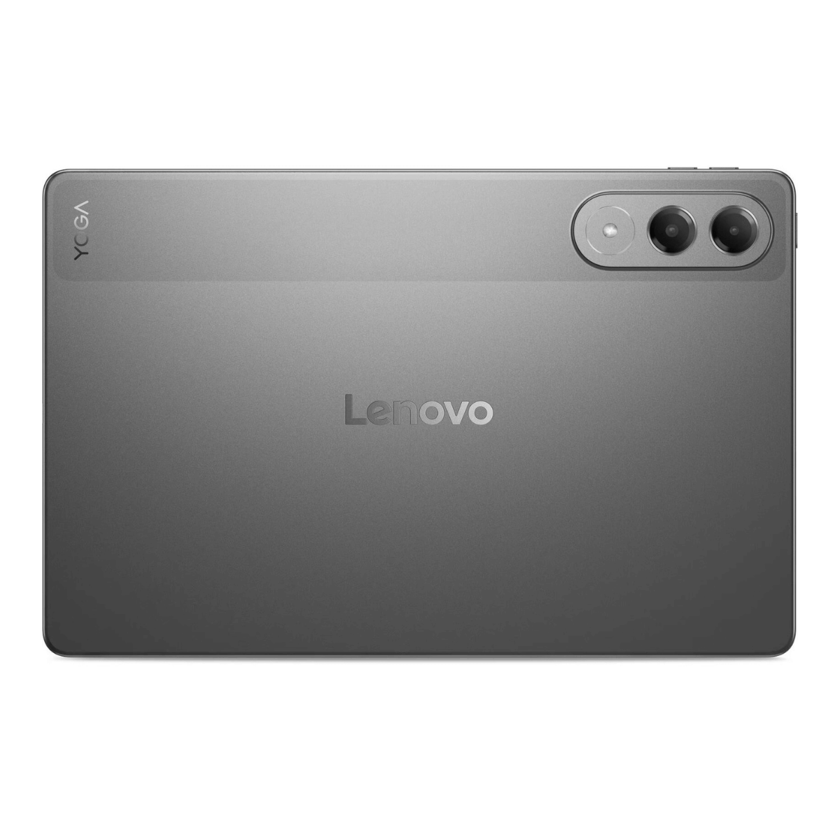 Tableta Lenovo gris. La palabra "Lenovo" es visible. La tableta tiene una cámara en la esquina superior derecha.