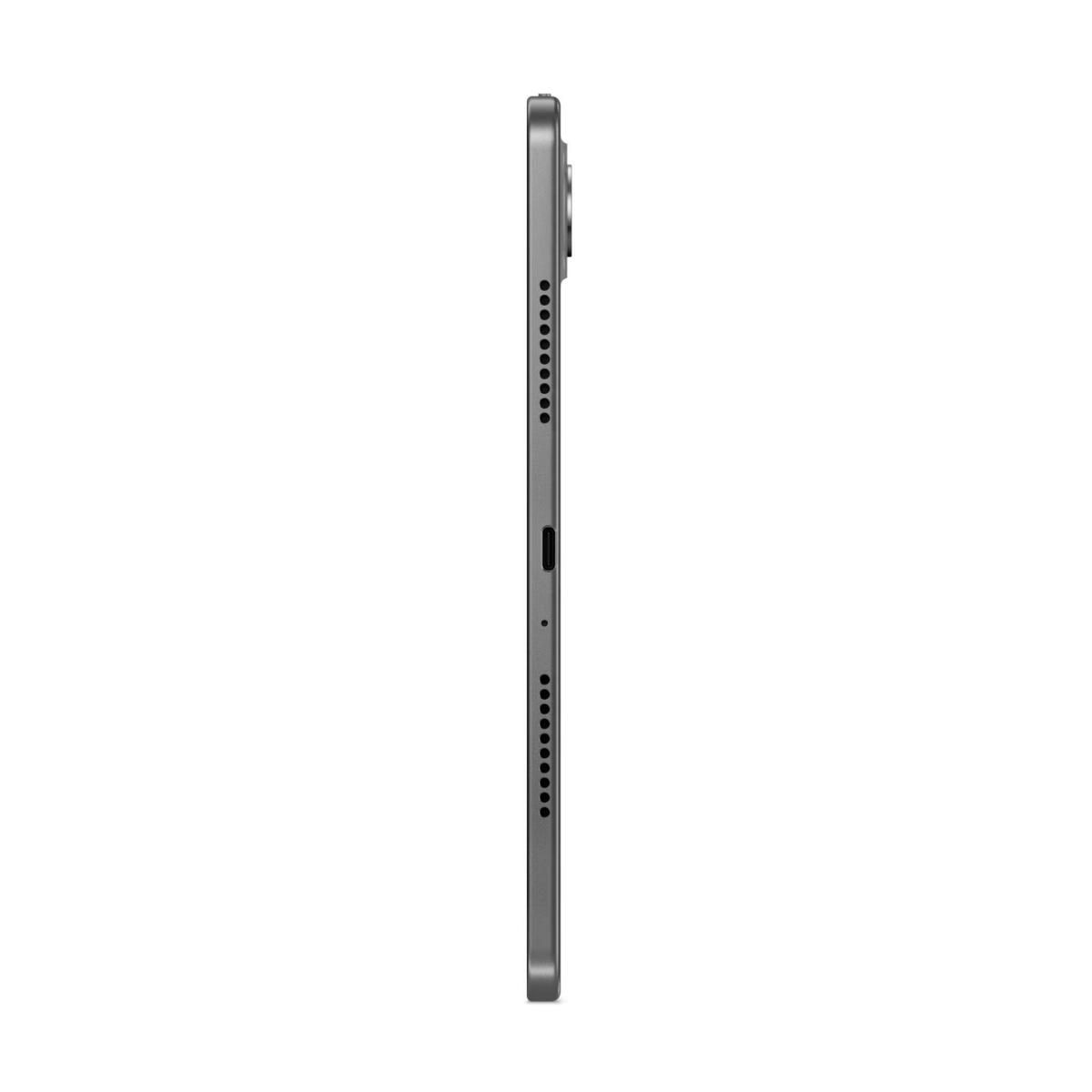 Una tableta gris se muestra de perfil sobre un fondo blanco. El lateral tiene una protuberancia de la cámara, botones y orificios para altavoces.