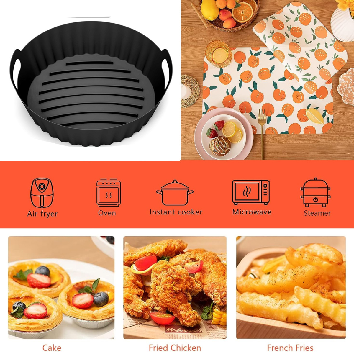 Ein Silikon-Airfryer-Korb. Oben rechts eine Tischdekoration mit Orangen. Unten verschiedene Essenssymbole und Gerichte: Kuchen, Brathähnchen und Pommes.