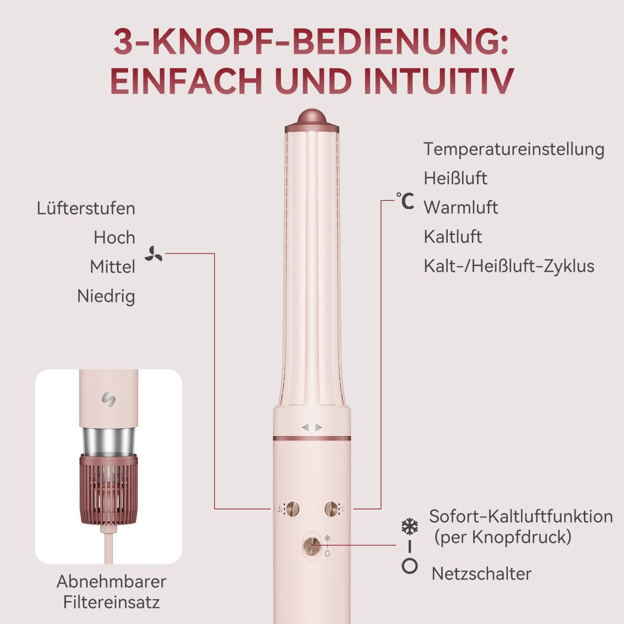 Rosa Haarstyling-Gerät mit Temperatur-, Gebläse- und Funktionsbeschriftungen wie abnehmbarer Filter und Kaltluft.