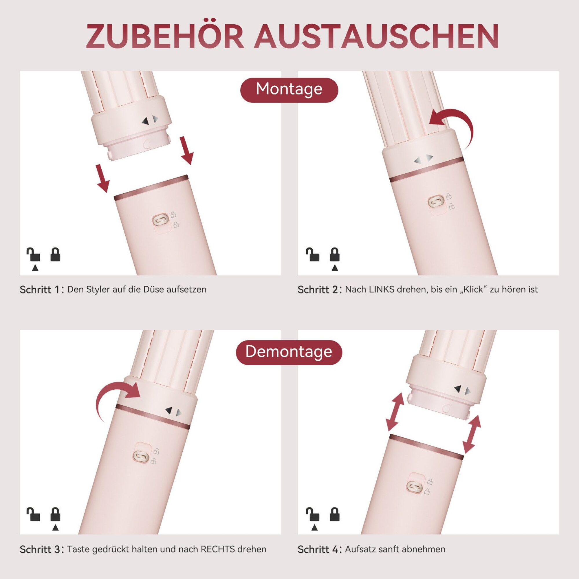 Anleitung zum Anbringen und Abnehmen einer rosafarbenen Haarpflege-Werkzeugdüse. Enthält Diagramme und Text auf Deutsch.