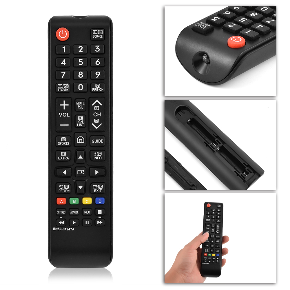 Eine schwarze TV-Fernbedienung mit vielen Tasten, darunter Zahlen, Lautstärke, Kanal und Strom. Es gibt auch Nahaufnahmen der Fernbedienung.