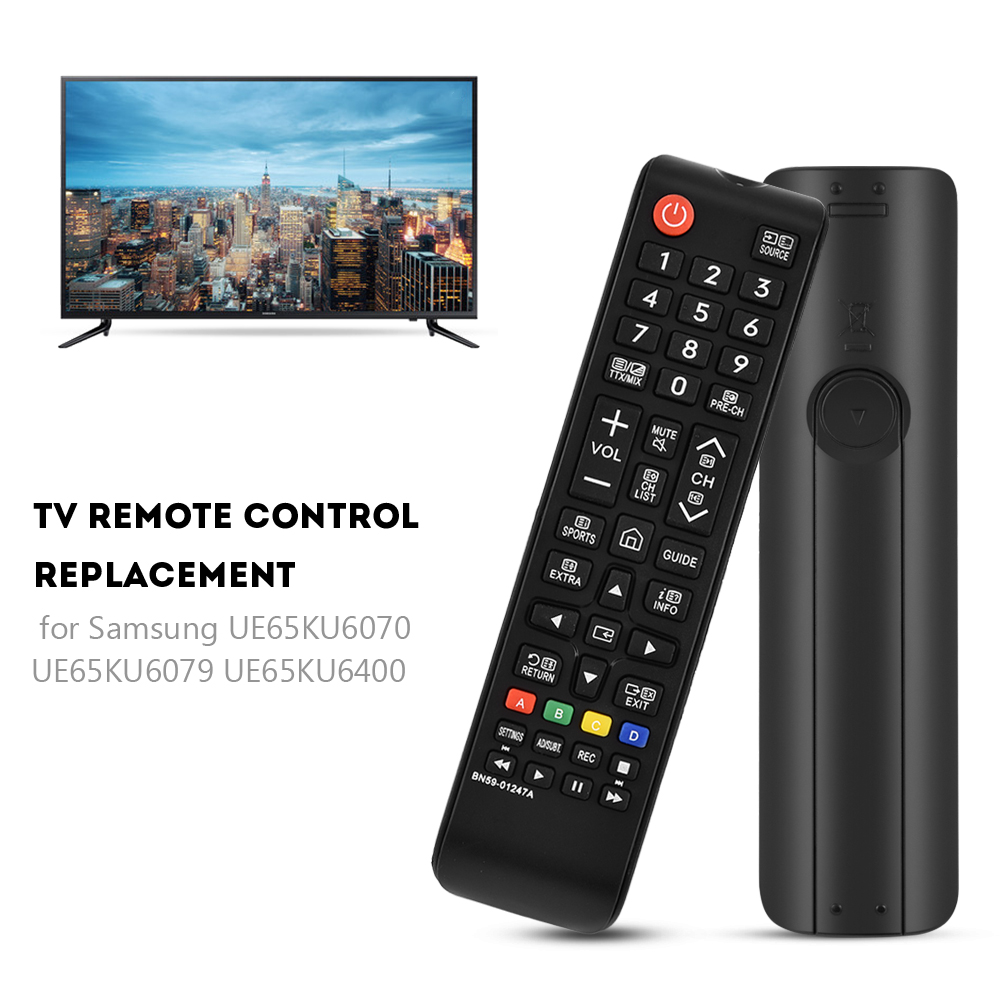 Eine TV-Fernbedienung und eine leere Fernbedienung sind abgebildet. Der Bildschirm zeigt eine Skyline. Text darunter lautet 'TV-Fernbedienungsersatz'.