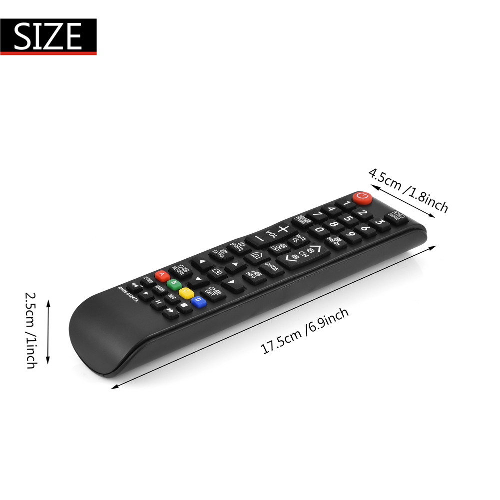 Eine schwarze TV-Fernbedienung mit beschrifteten Tasten wird gezeigt. Abmessungen: 17,5 cm/6,9 Zoll, 4,5 cm/1,8 Zoll und 2,5 cm/1 Zoll.