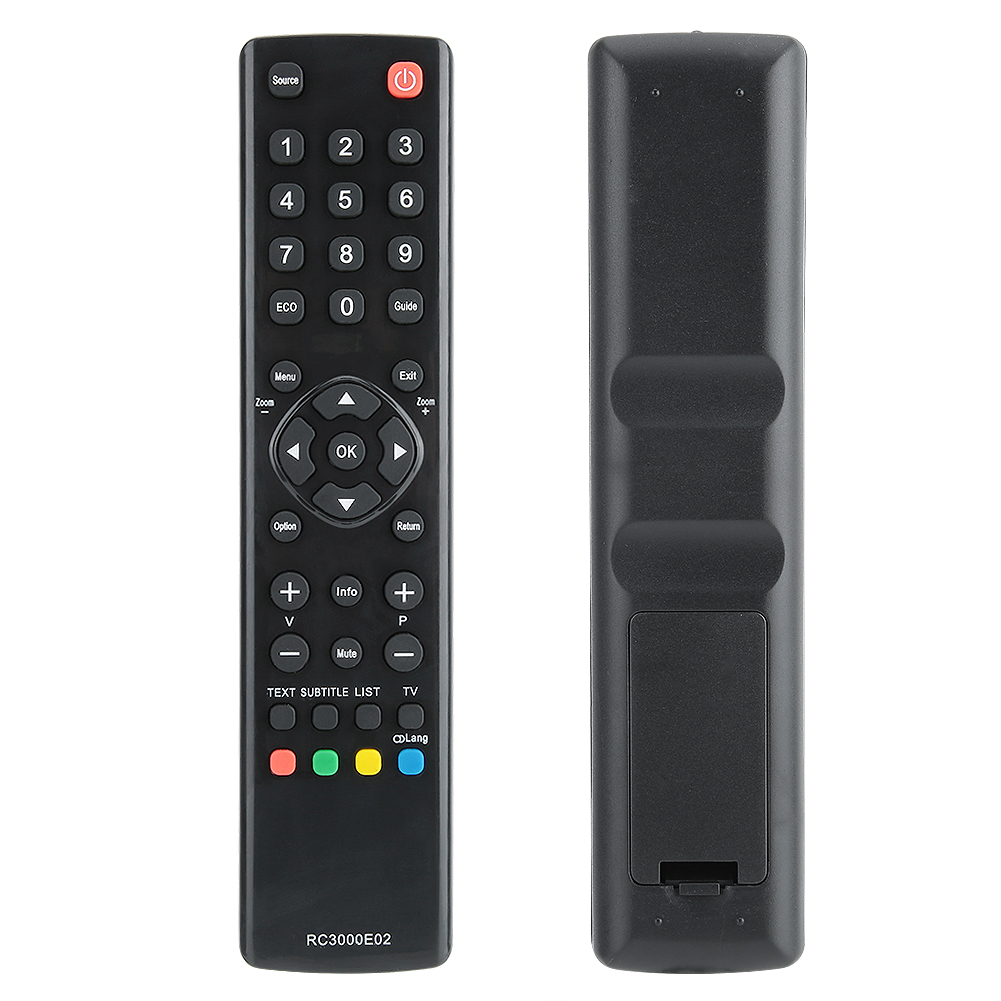 Eine schwarze TV-Fernbedienung, Vorder- und Rückansicht. Tasten umfassen Zahlen, Lautstärke und Strom. Die Modellnummer ist RC3000E02.