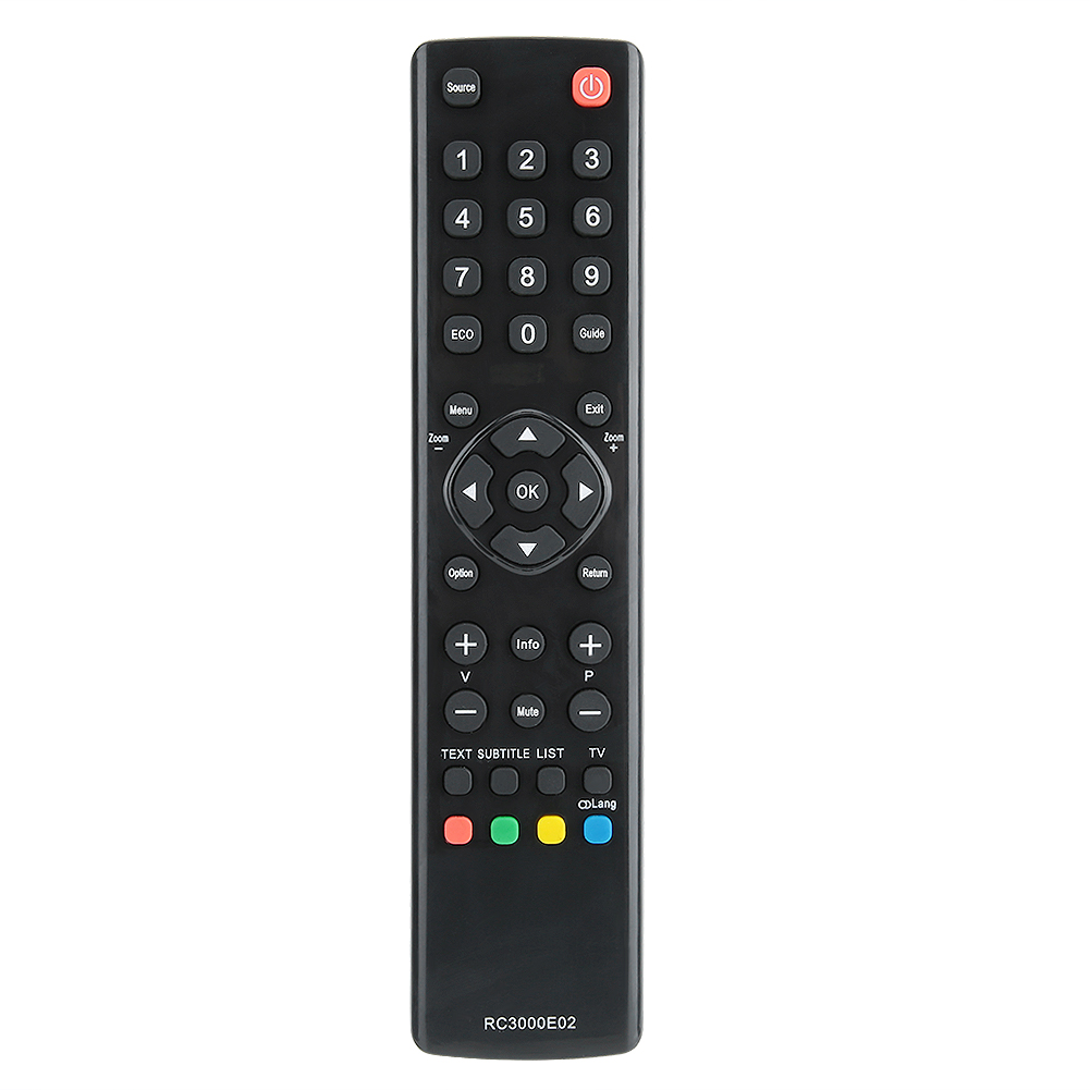 Schwarze TV-Fernbedienung mit Tasten wie Quelle, Zahlen, Menü, Zoom, OK, Option, Rückgabe, Plus, Minus, Info, Stumm und mehr.