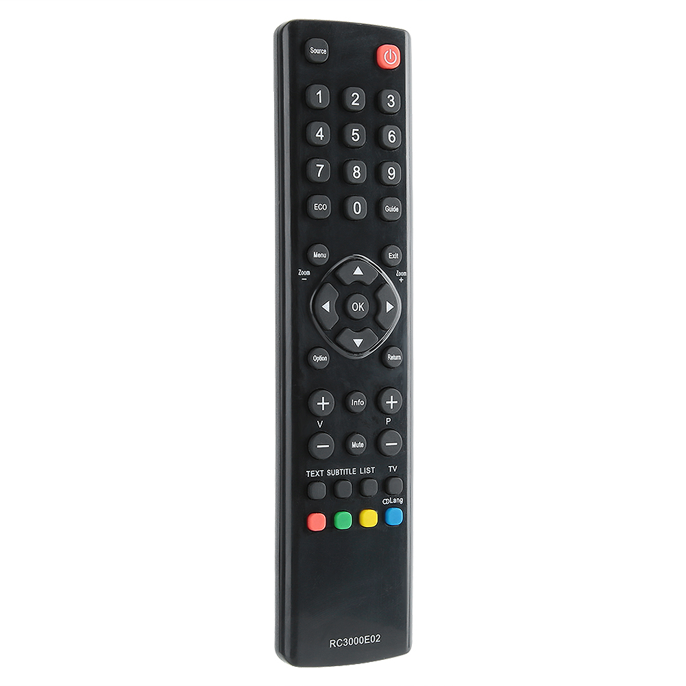 Eine schwarze TV-Fernbedienung mit vielen Tasten, darunter Zahlen, Lautstärke, Menü und Ein/Aus. Die Fernbedienung ist mit RC3000E02 beschriftet.