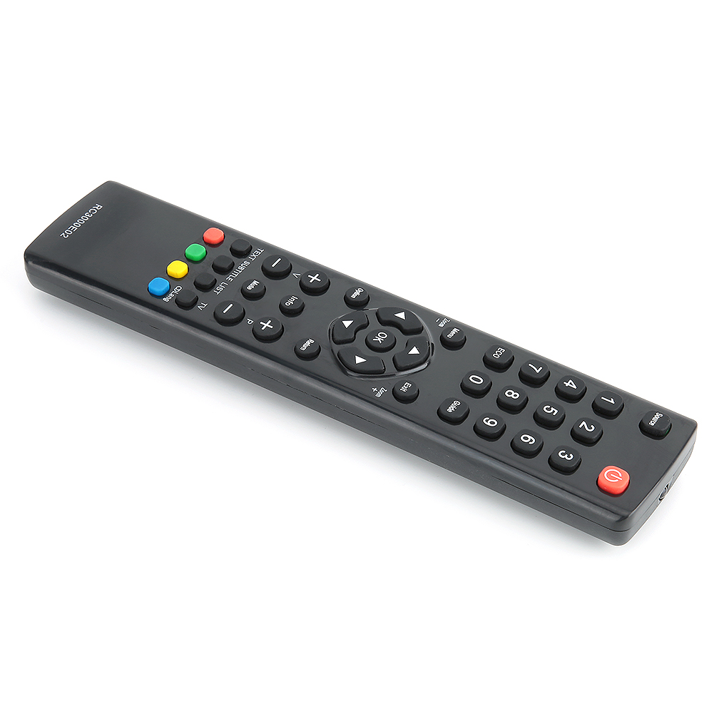 Eine schwarze TV-Fernbedienung mit mehreren Knöpfen in verschiedenen Farben und Zahlen. Auf der unteren rechten Seite befindet sich eine rote Ein-/Aus-Taste.