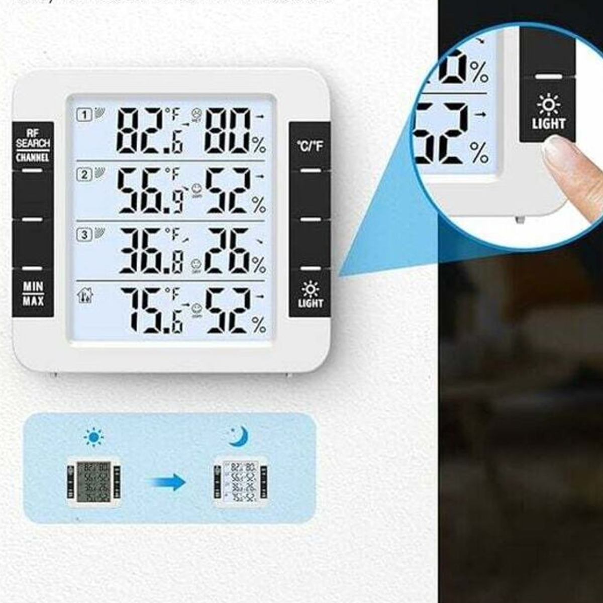 Weißes Digitalthermometer zeigt Temperatur- und Feuchtigkeitswerte an. Ein Finger drückt die Lichttaste. Ein Diagramm zeigt Tag-/Nacht-Modi.