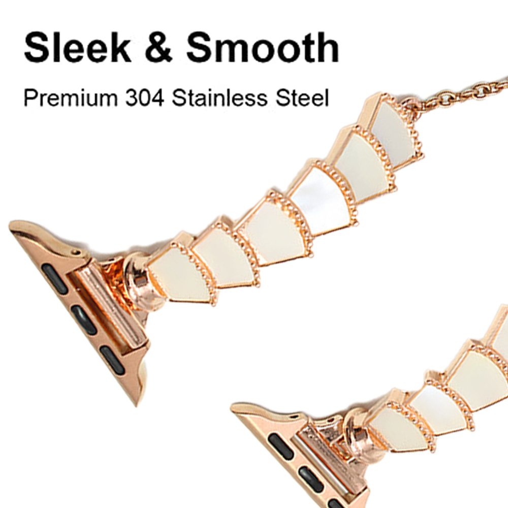 Roségoldenes Uhrenarmband mit weißen, muschelartigen Segmenten. Text: Sleek & Smooth, Premium 304 Edelstahl. Zwei Bänder gezeigt.