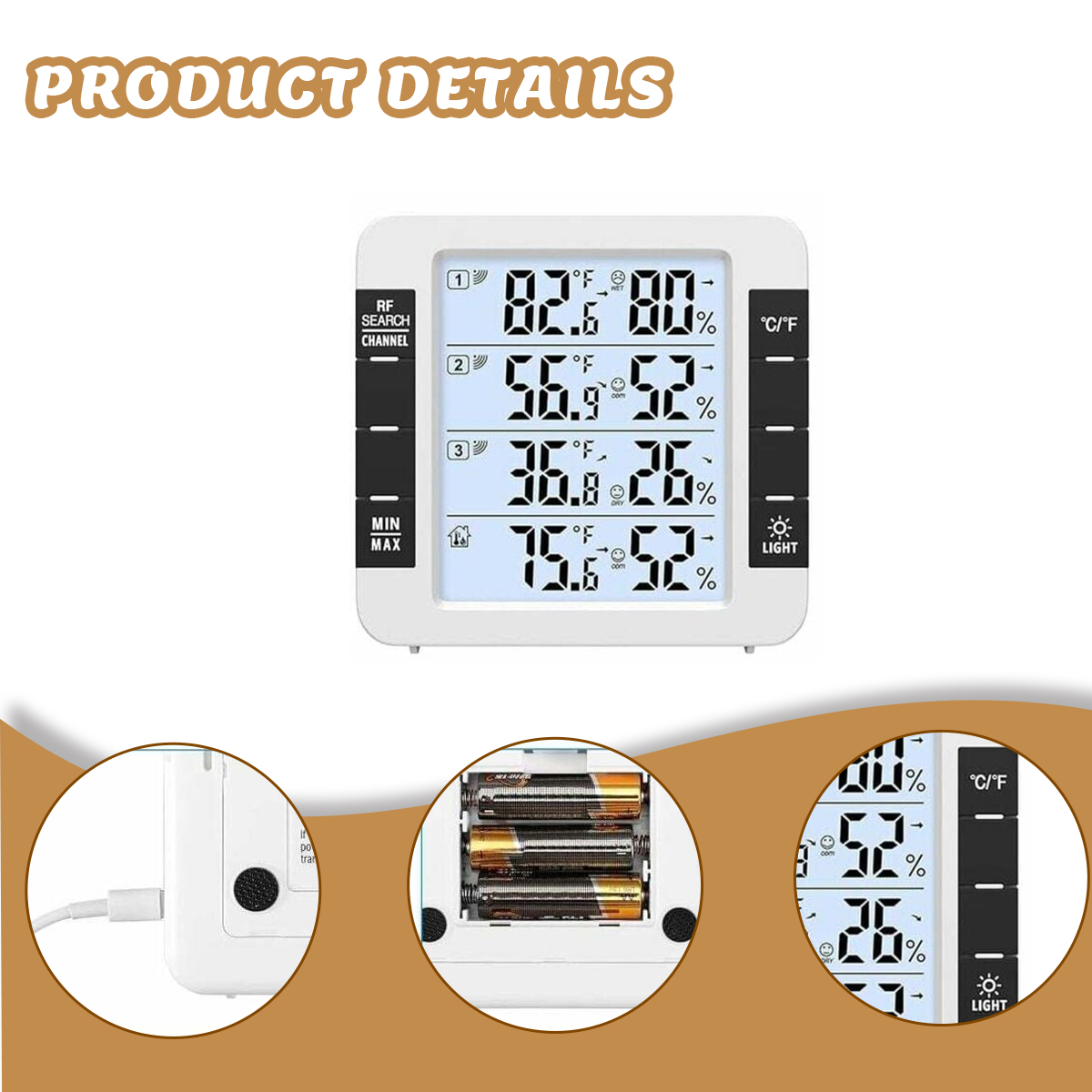 Ein weißes digitales Thermometer, das Temperatur- und Feuchtigkeitswerte anzeigt. Es hat Knöpfe und zeigt auch das Batteriefach.