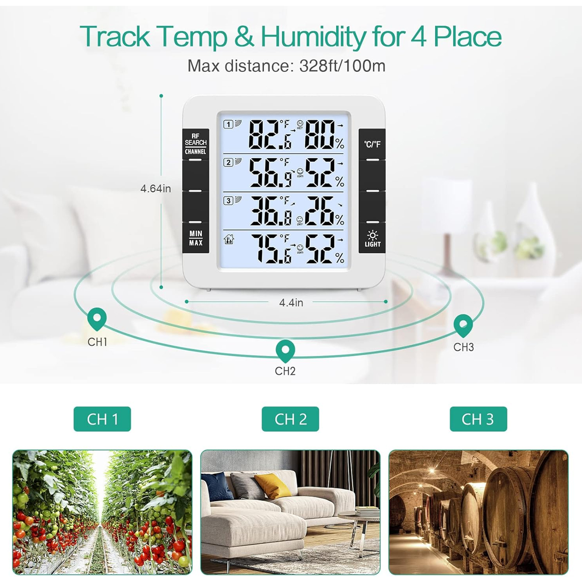 Ein weißes digitales Thermometer zeigt Temperatur- und Feuchtigkeitswerte an. Darunter befinden sich Bilder eines Gewächshauses, eines Wohnzimmers und eines Kellers.