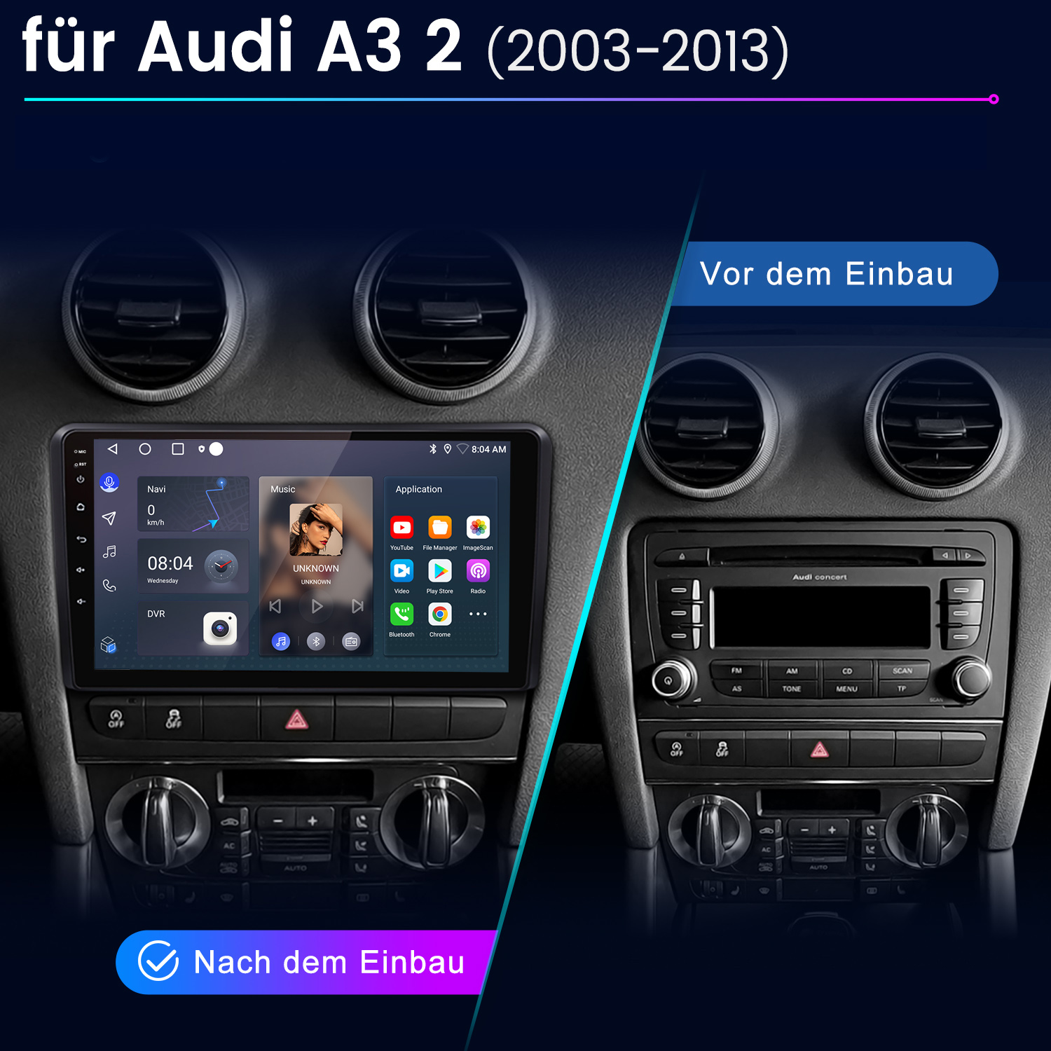 Das Bild zeigt das Armaturenbrett eines Audi A3 vor und nach der Installation eines neuen Multimediasystems. Das neue System hat einen Bildschirm.