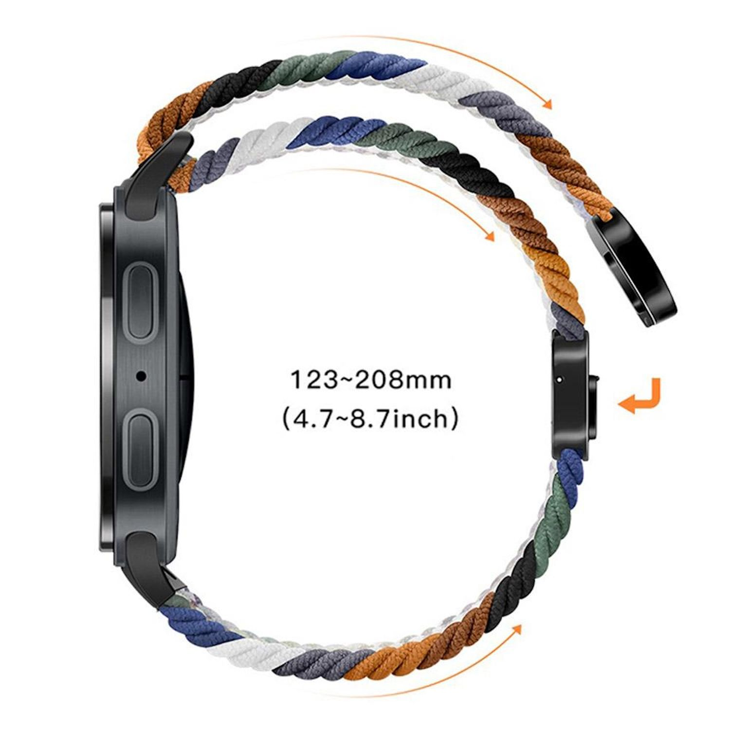 Eine schwarze Smartwatch mit einem bunten geflochtenen Armband ist abgebildet. Der Text unter der Uhr lautet 123-208mm (4,7-8,7 Zoll).