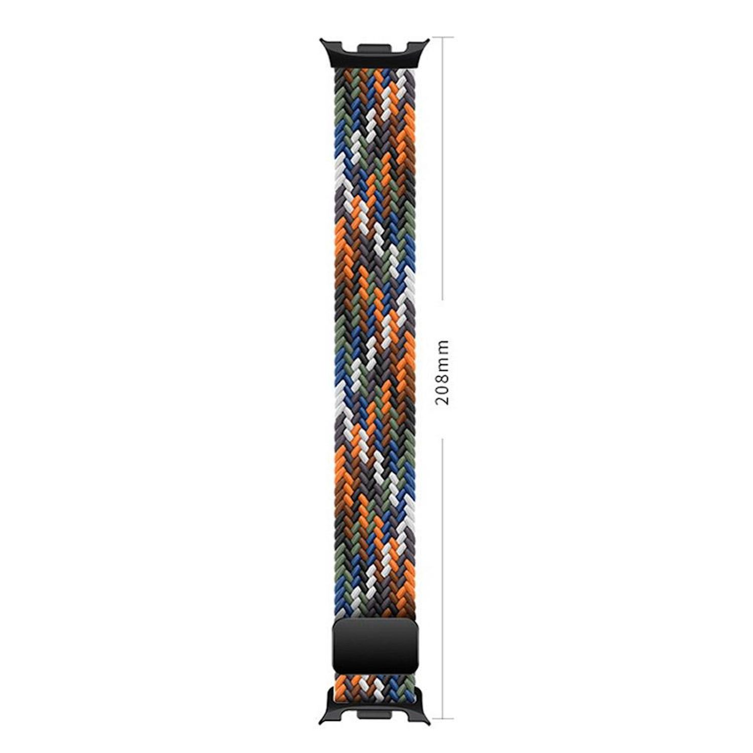 Ein geflochtenes Uhrenarmband. Es ist mit orangefarbenen, weißen, grünen, blauen und schwarzen Fäden gewebt.