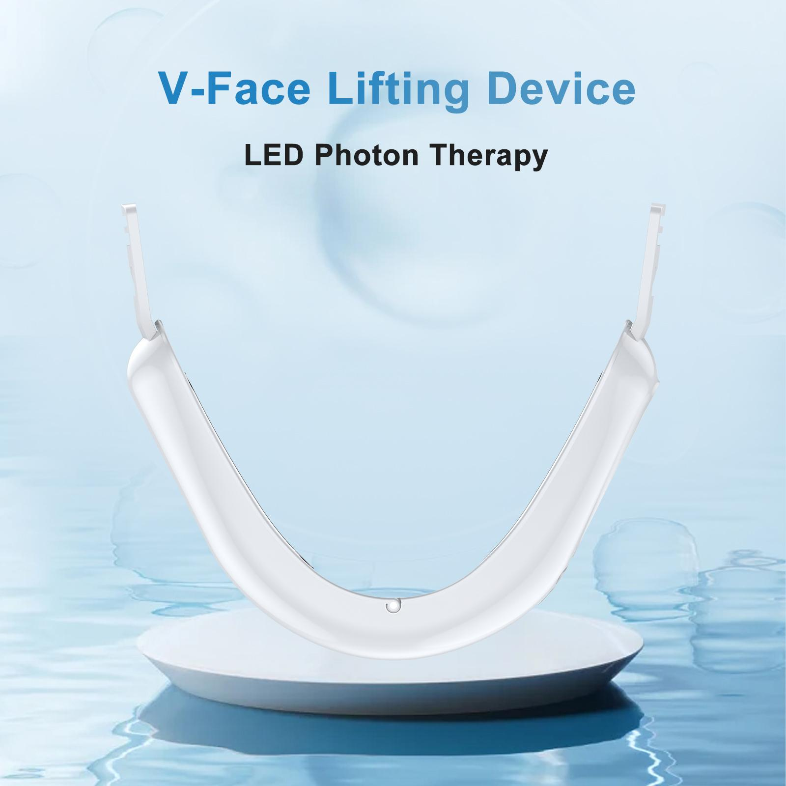 Ein weißes V-förmiges Gesichtslifting-Gerät auf einem weißen Sockel, mit Text "V-Face Lifting Device LED Photon Therapy".