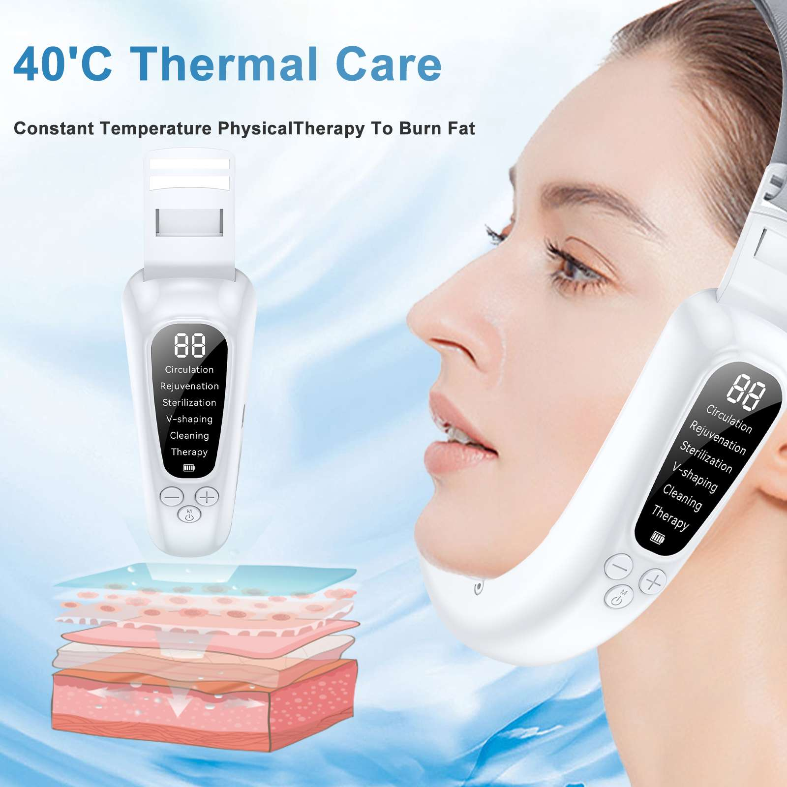 Das Bild zeigt eine Frau, die ein Gesichtsgerät benutzt. Das Gerät hat ein digitales Display und ist weiß. Der Text lautet 40'C Thermal Care.