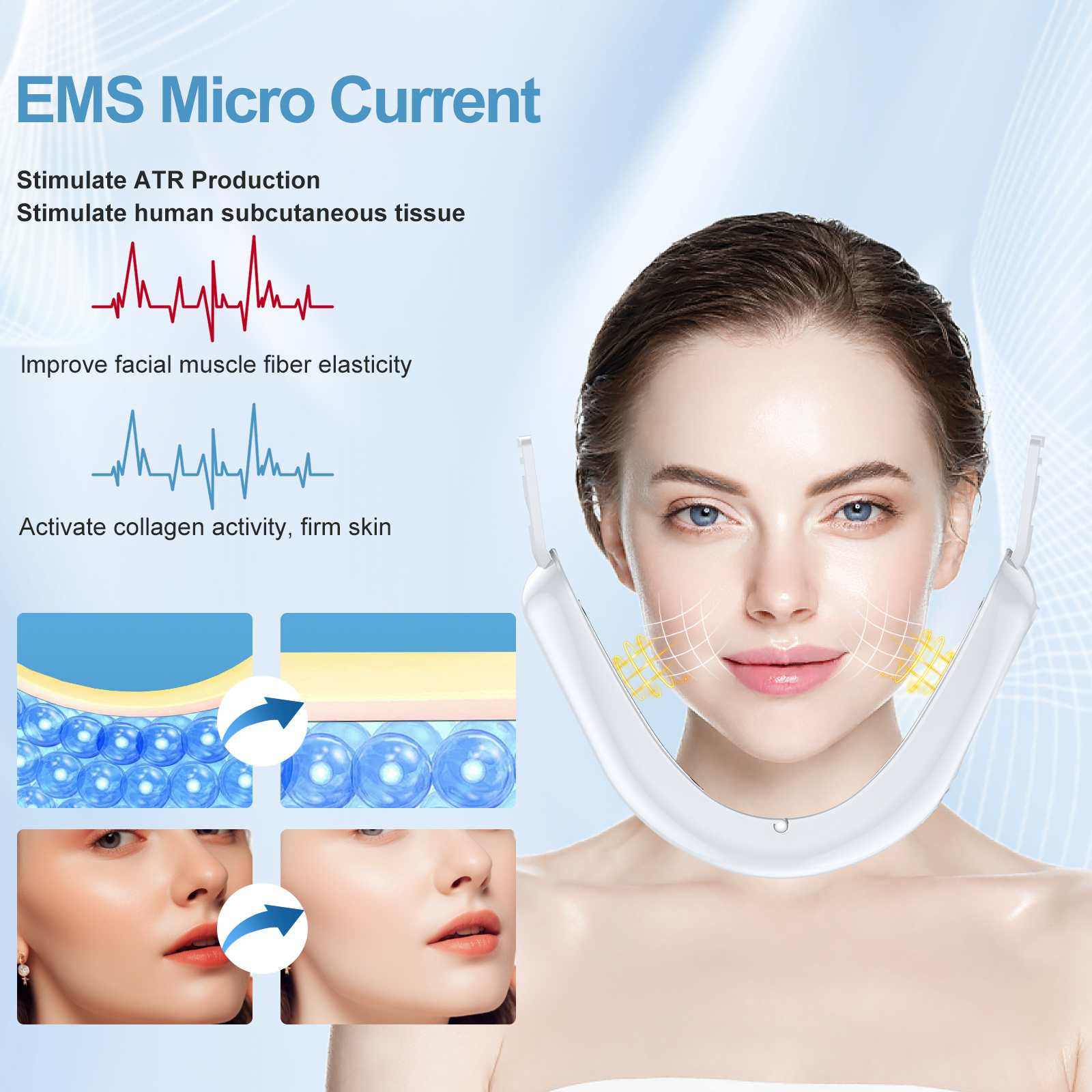 Eine Frau mit blauen Augen, die ein weißes Gesichtsgerät benutzt. Das Bild wirbt für die EMS-Mikrostromtechnologie.