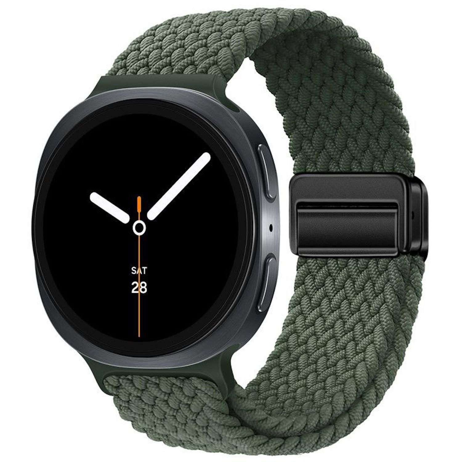 Eine runde Smartwatch mit schwarzem Zifferblatt, das das Datum anzeigt. Sie hat ein grünes geflochtenes Armband. Die Uhr befindet sich auf weißem Hintergrund.