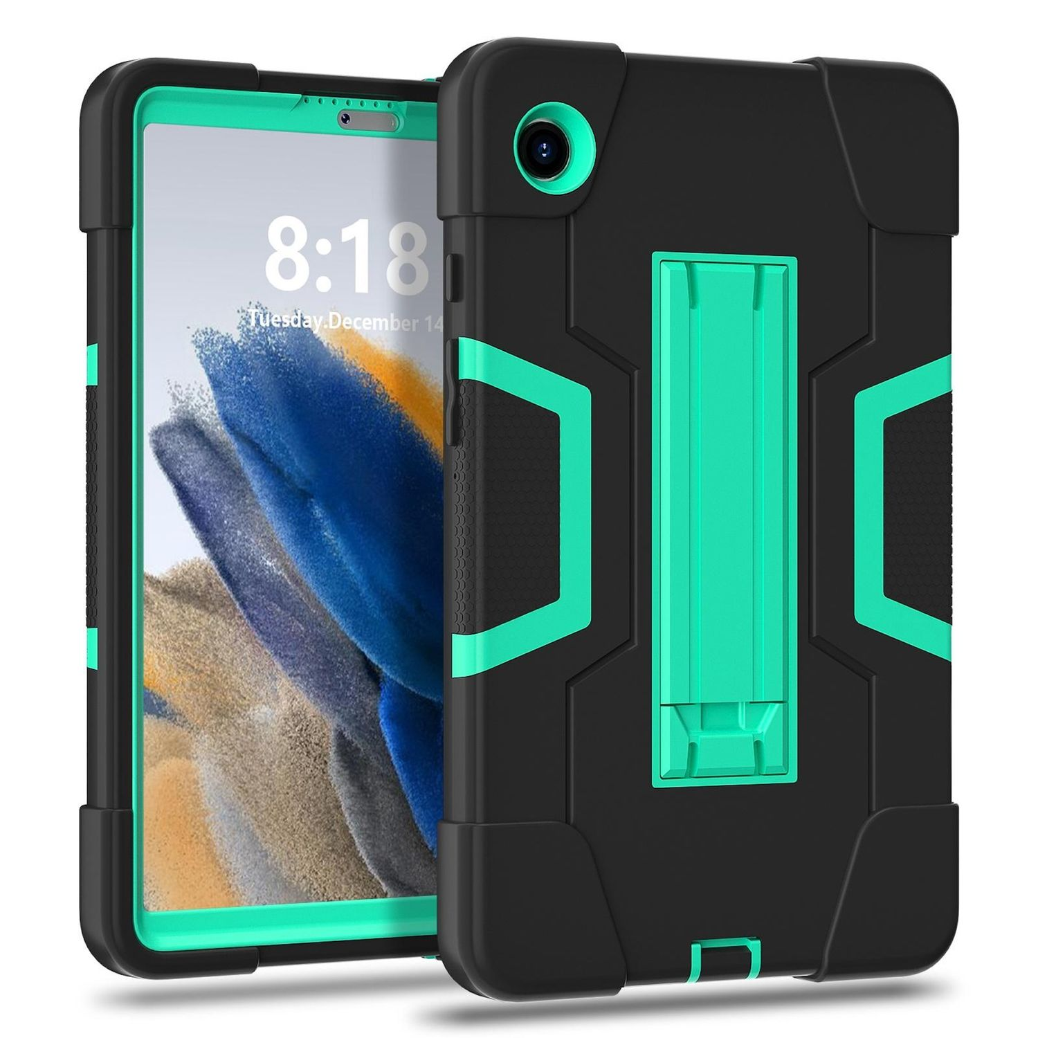 Tableta con funda negra y verde. La pantalla muestra la hora y un fondo colorido. La funda tiene un soporte.