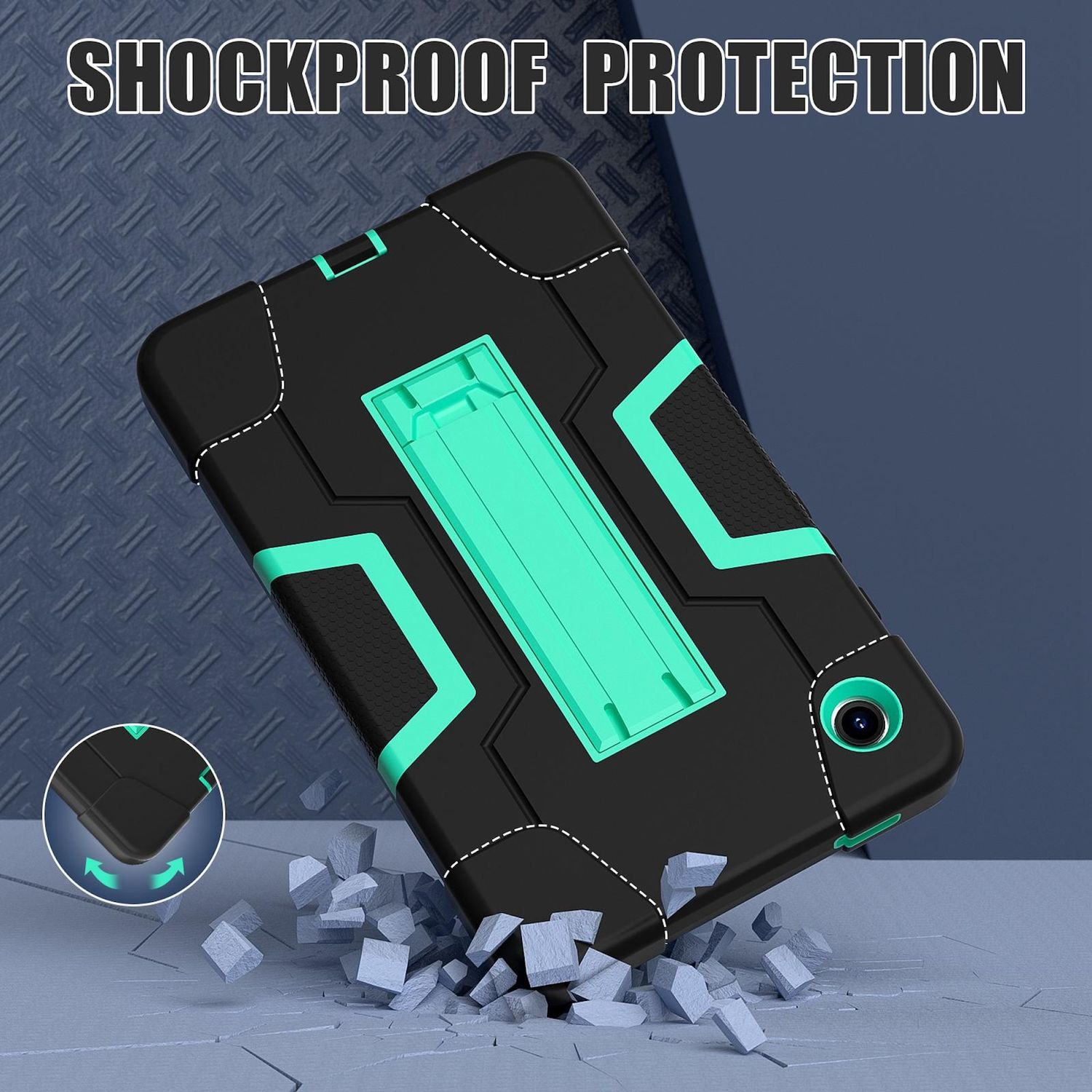 Funda de tableta negra y verde con texto de protección a prueba de golpes. Piedras desmenuzadas en el suelo.