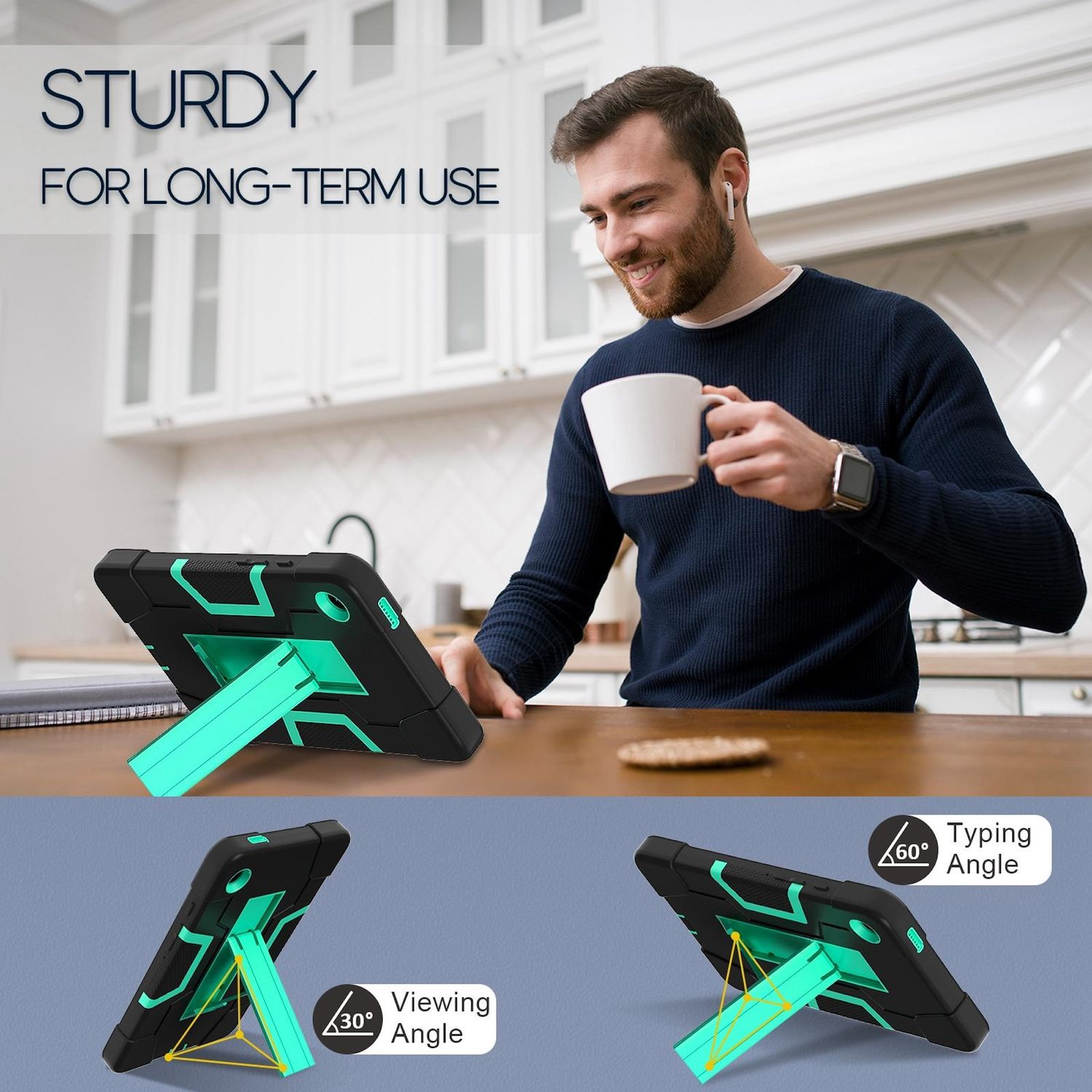 Hombre con taza de café, tableta con funda delante. Gráficos de ángulos de soporte de tableta. Texto: Resistente, para uso a largo plazo.