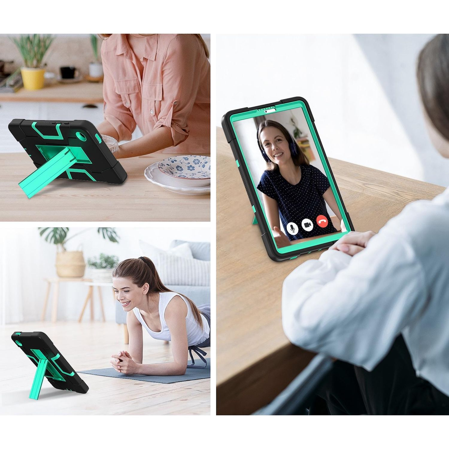 Tableta con funda en múltiples escenas. Mujer en la cocina, videollamada y ejercicio. La tableta tiene una funda negra y verde.
