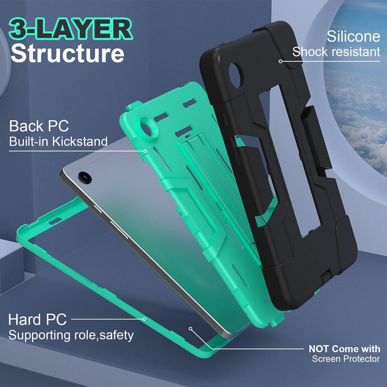 Funda para tablet de tres capas con capas verdes, negras y plateadas. El texto indica resistencia a golpes de silicona, soporte de PC duro y un soporte incorporado.