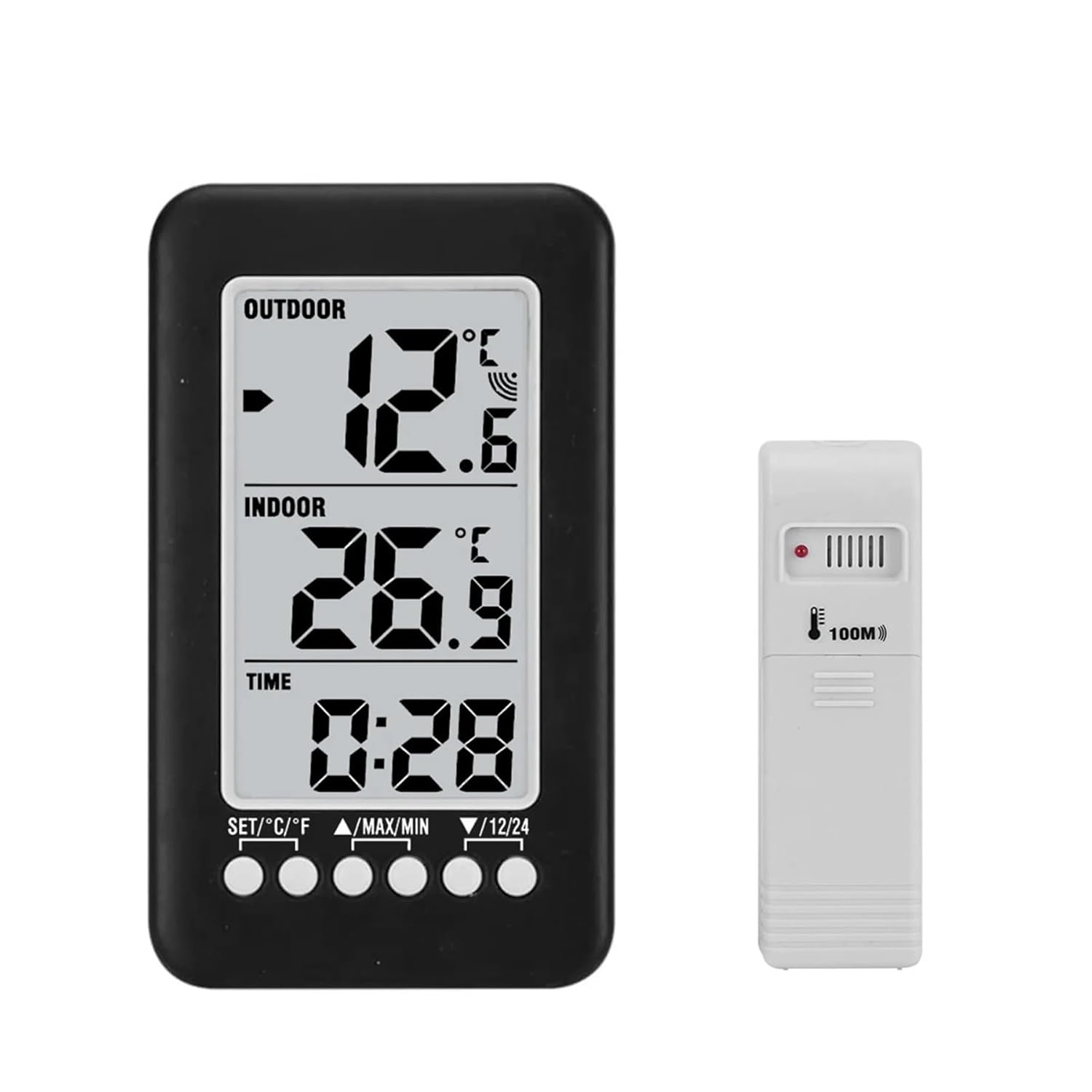 Ein schwarzes digitales Thermometer zeigt Außen-(12,6°C) und Innentemperaturen (26,9°C), sowie die Zeit (0:28). Rechts eine weiße Fernbedienung.