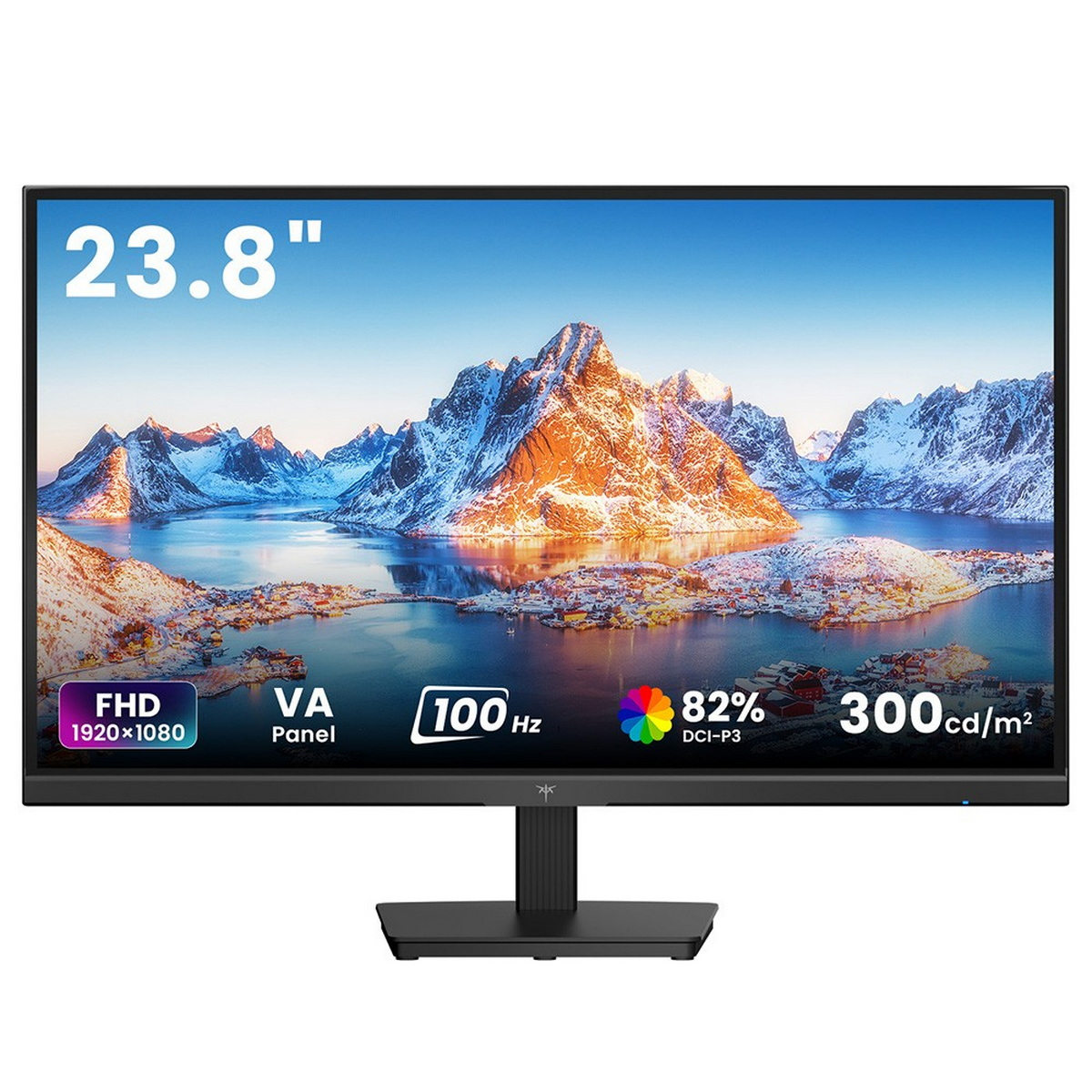 Ein 23,8-Zoll-Monitor zeigt eine Berglandschaft. Er hat technische Daten wie FHD, VA-Panel, 100 Hz und 82 % DCI-P3.