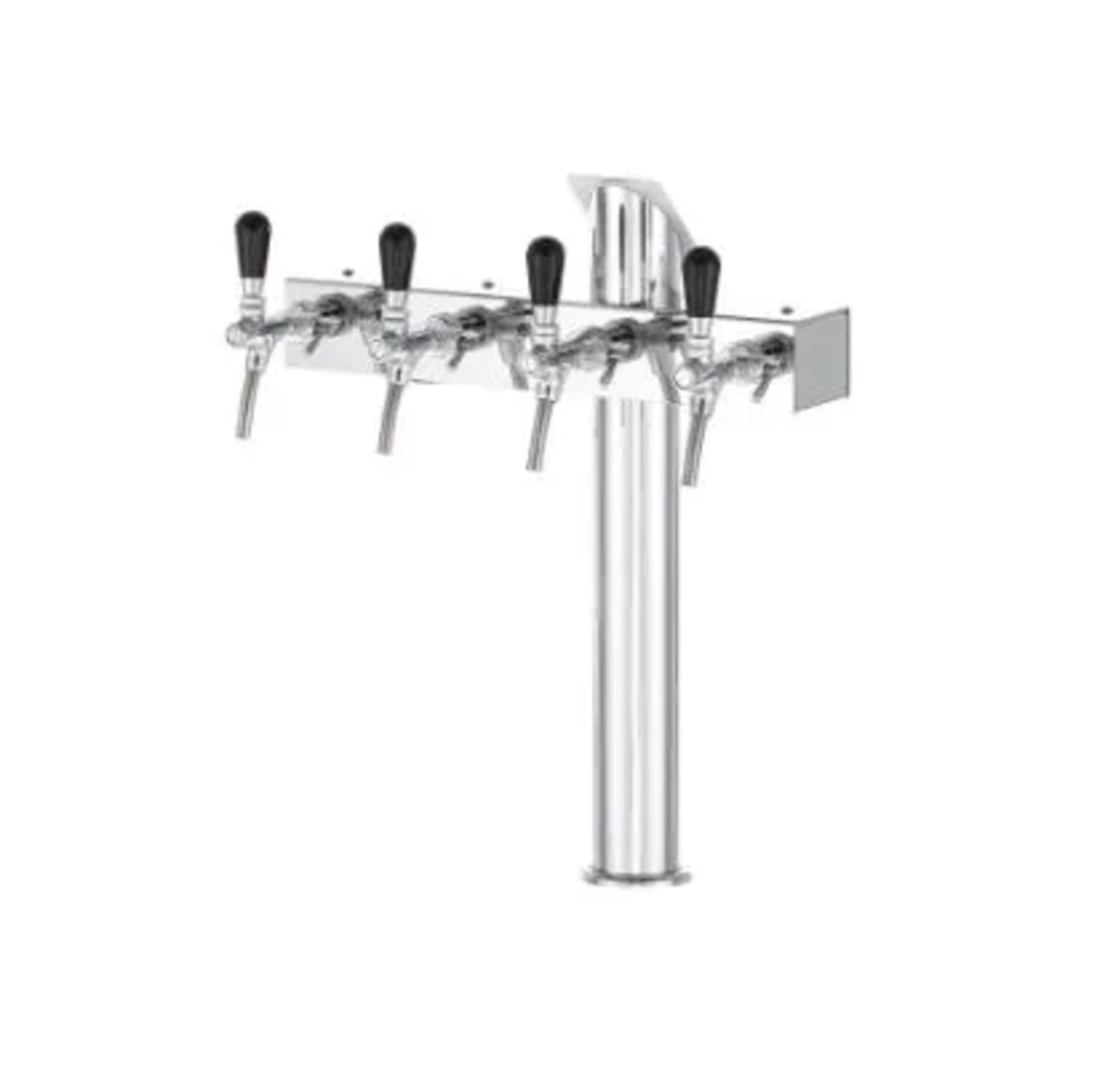 Een verchroomd biertapsysteem met vijf kranen, zwarte hendels en een hoge centrale steunkolom.